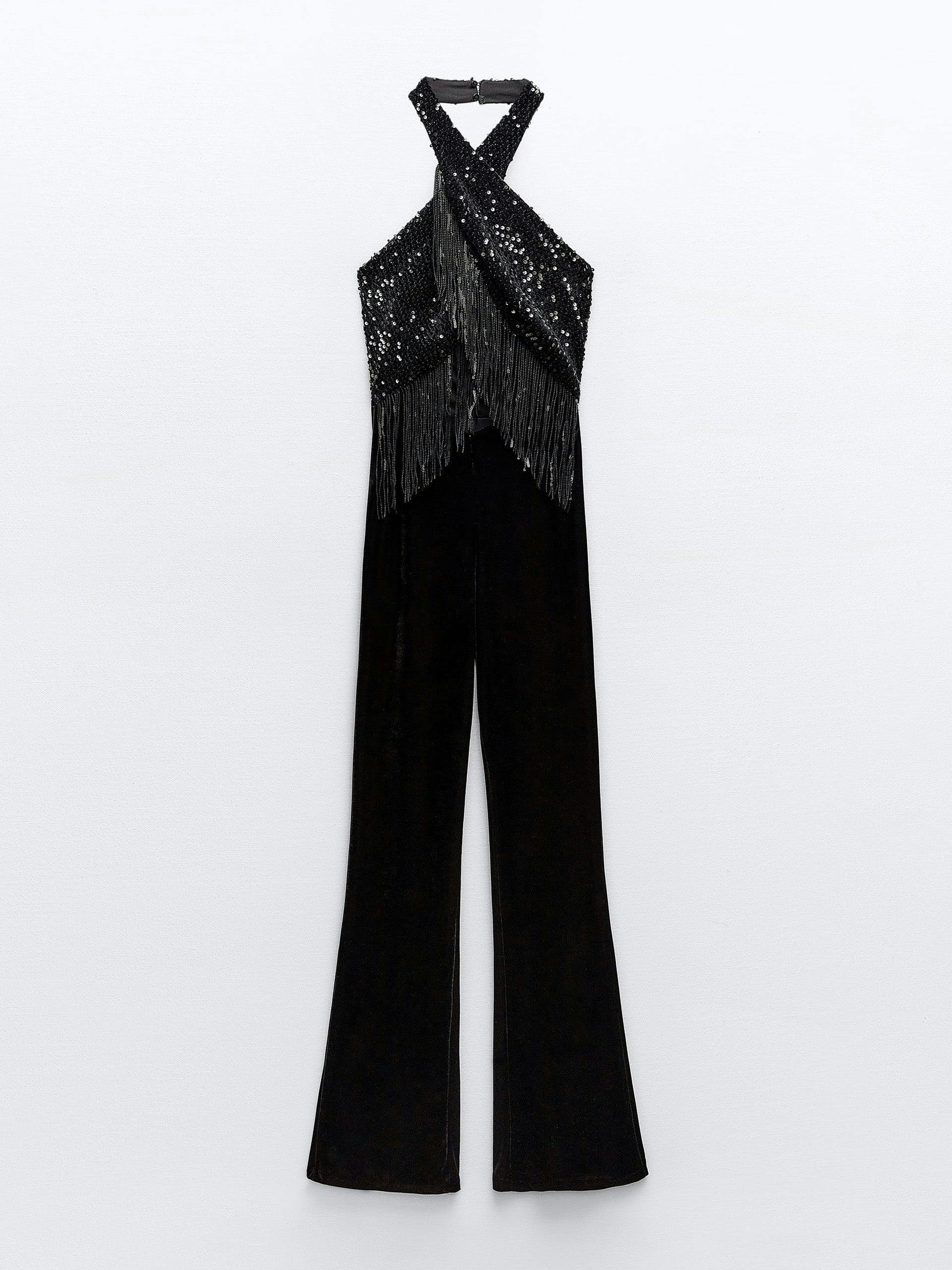 Sequinned halter jumpsuit with fringing