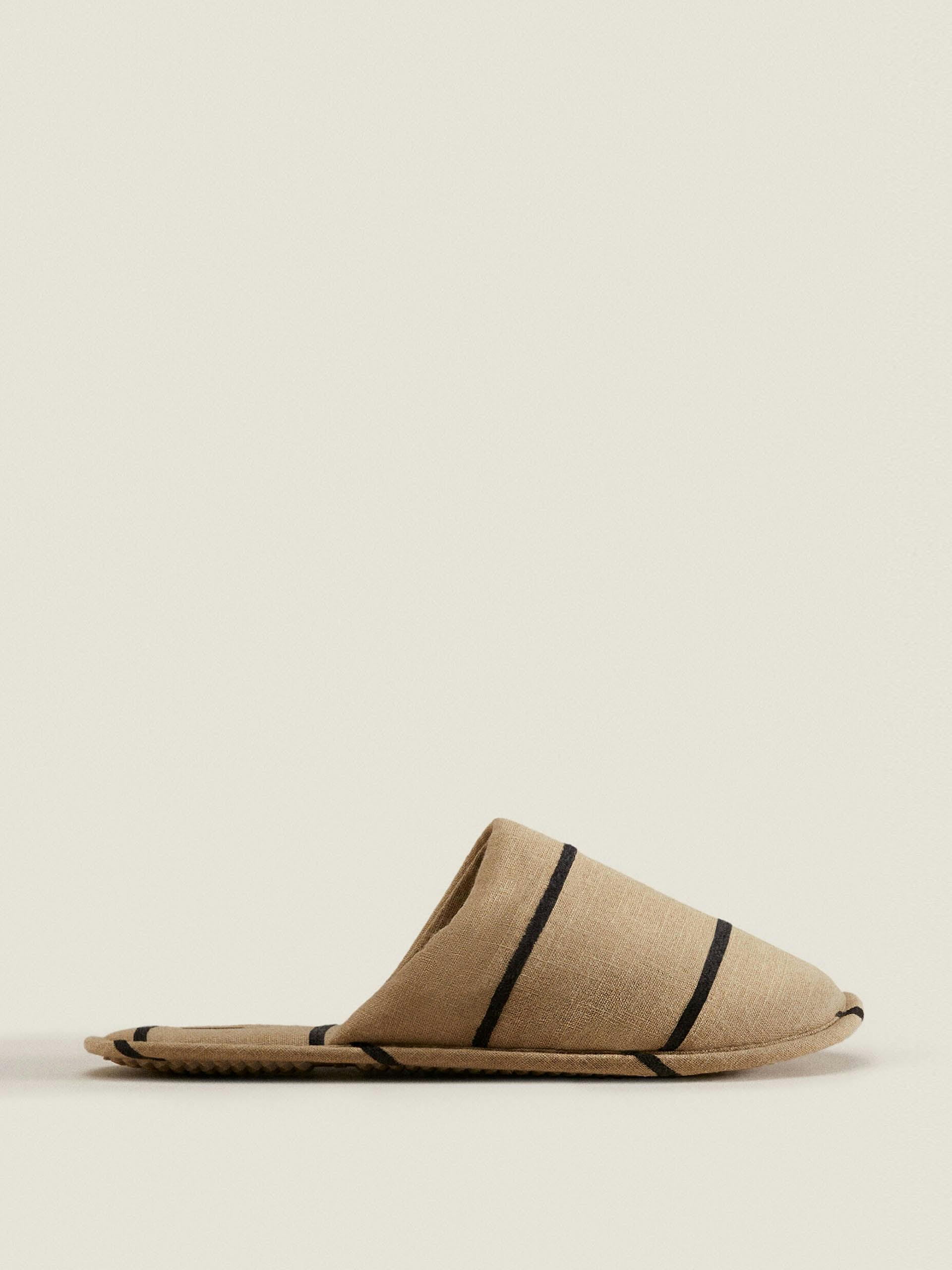 Taupe Grey striped linen fabric mules