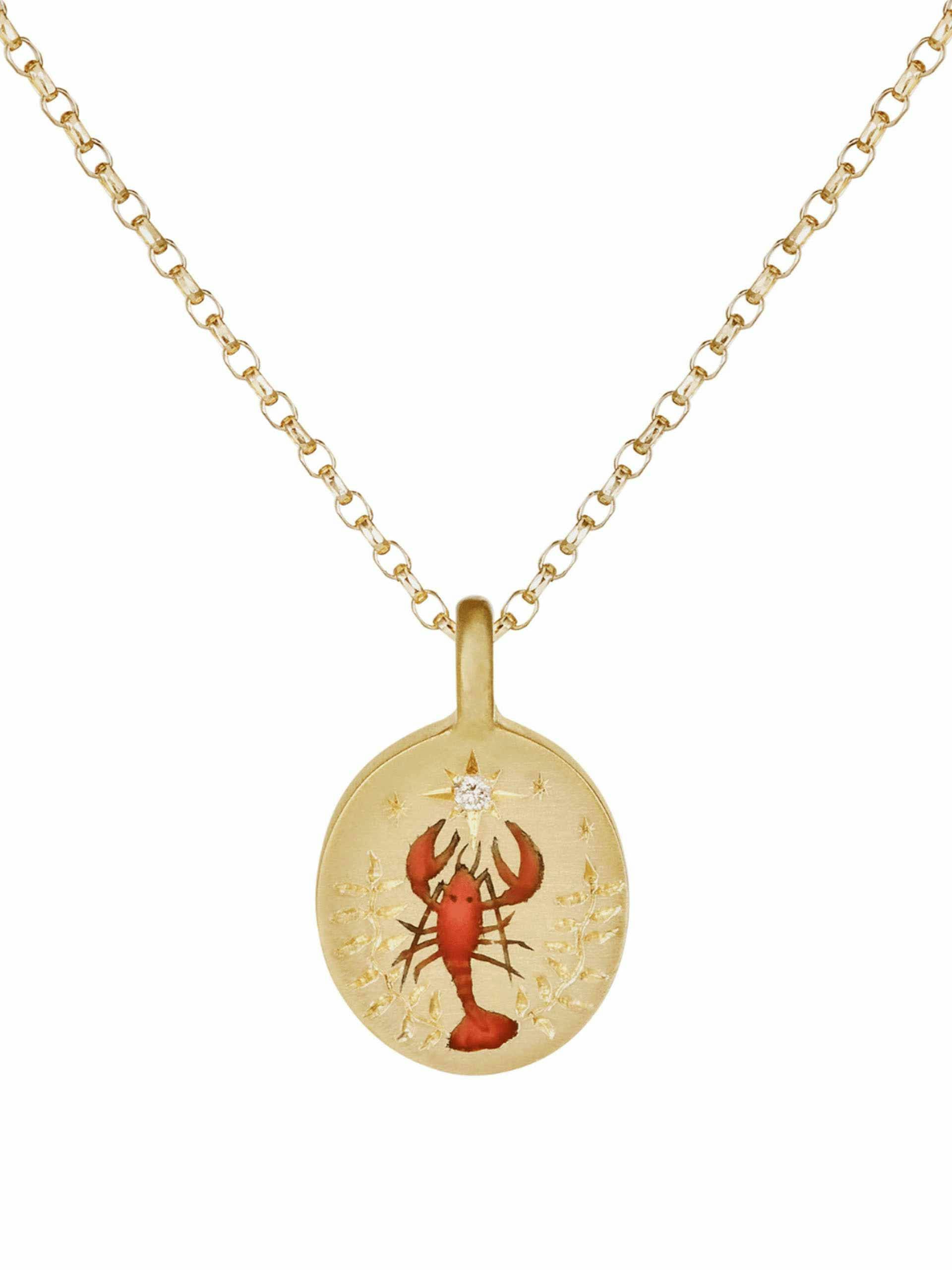 Lobster & seaweed gold hand-painted enamel necklace