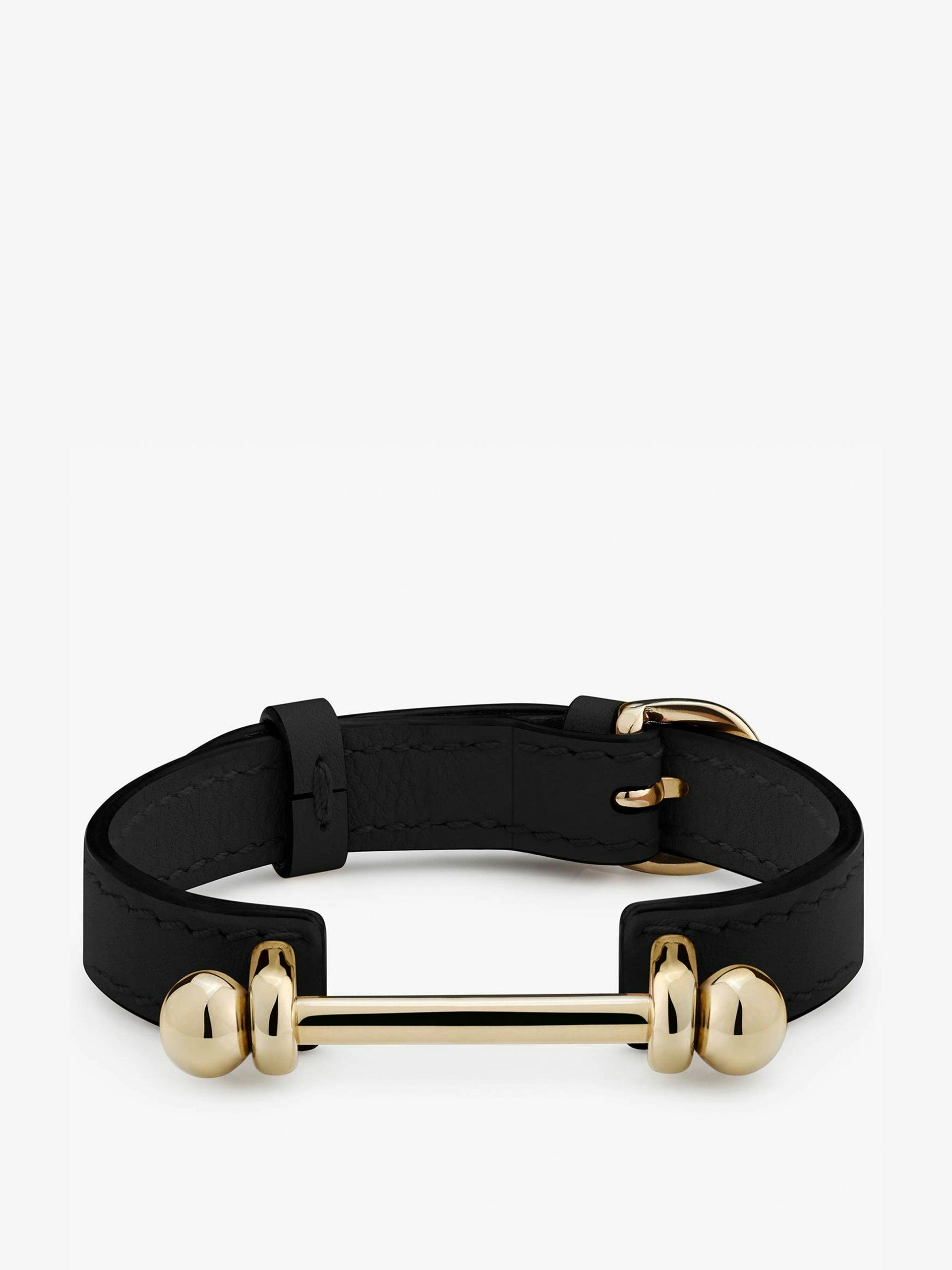 Gold-plated brass and black leather bracelet
