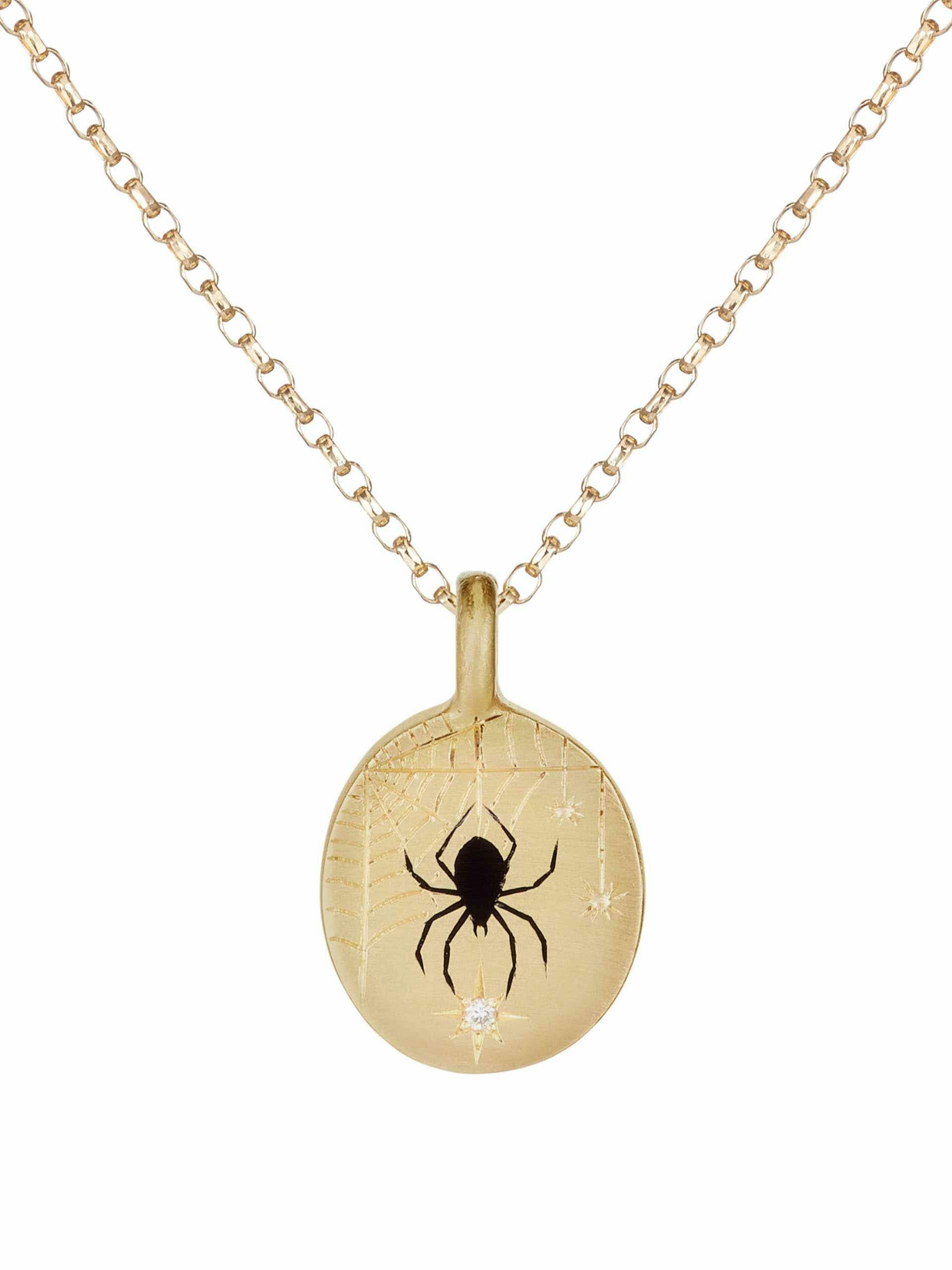 Spider & diamond gold hand-painted enamel necklace