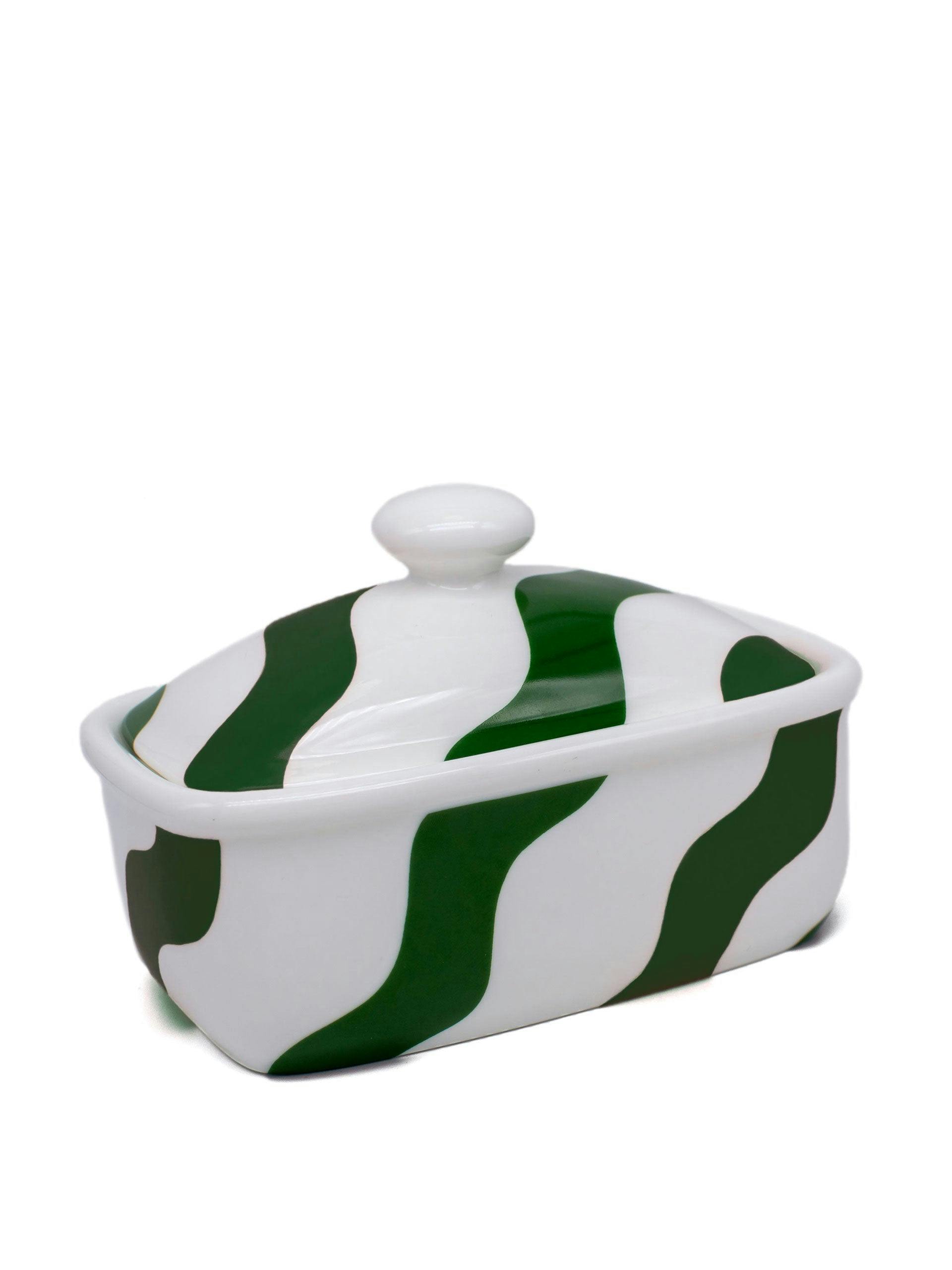 Green and white butter dish