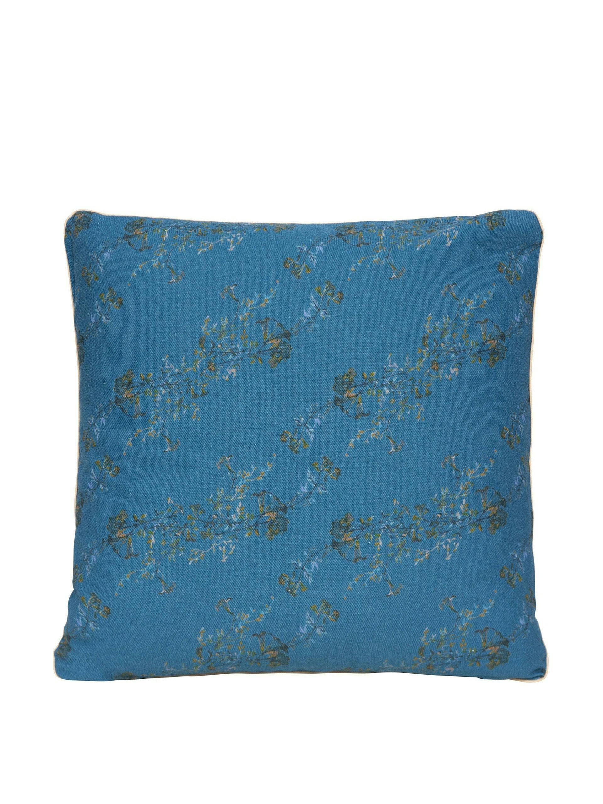 Blue floral print linen cushion