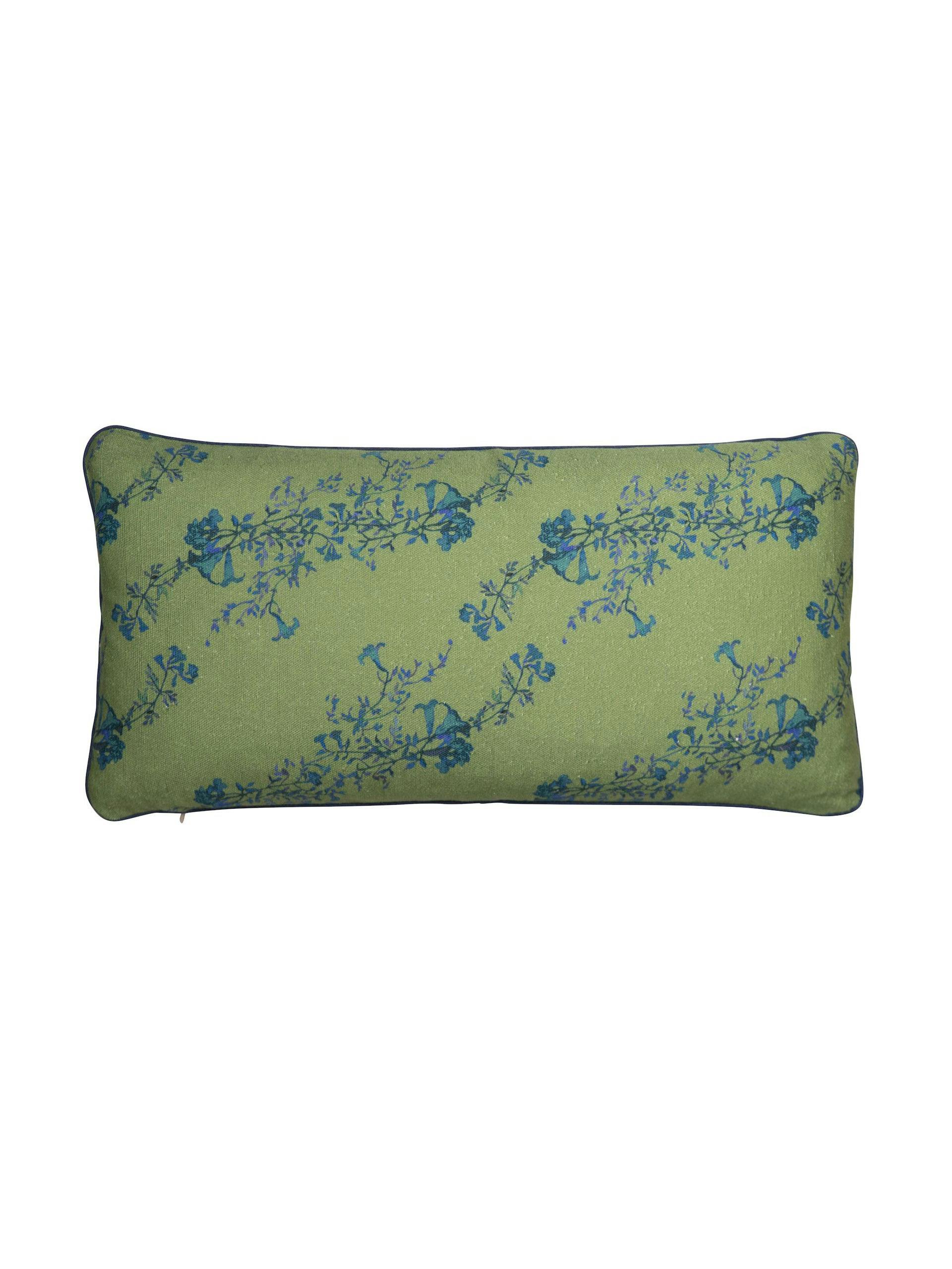 Green floral print linen cushion