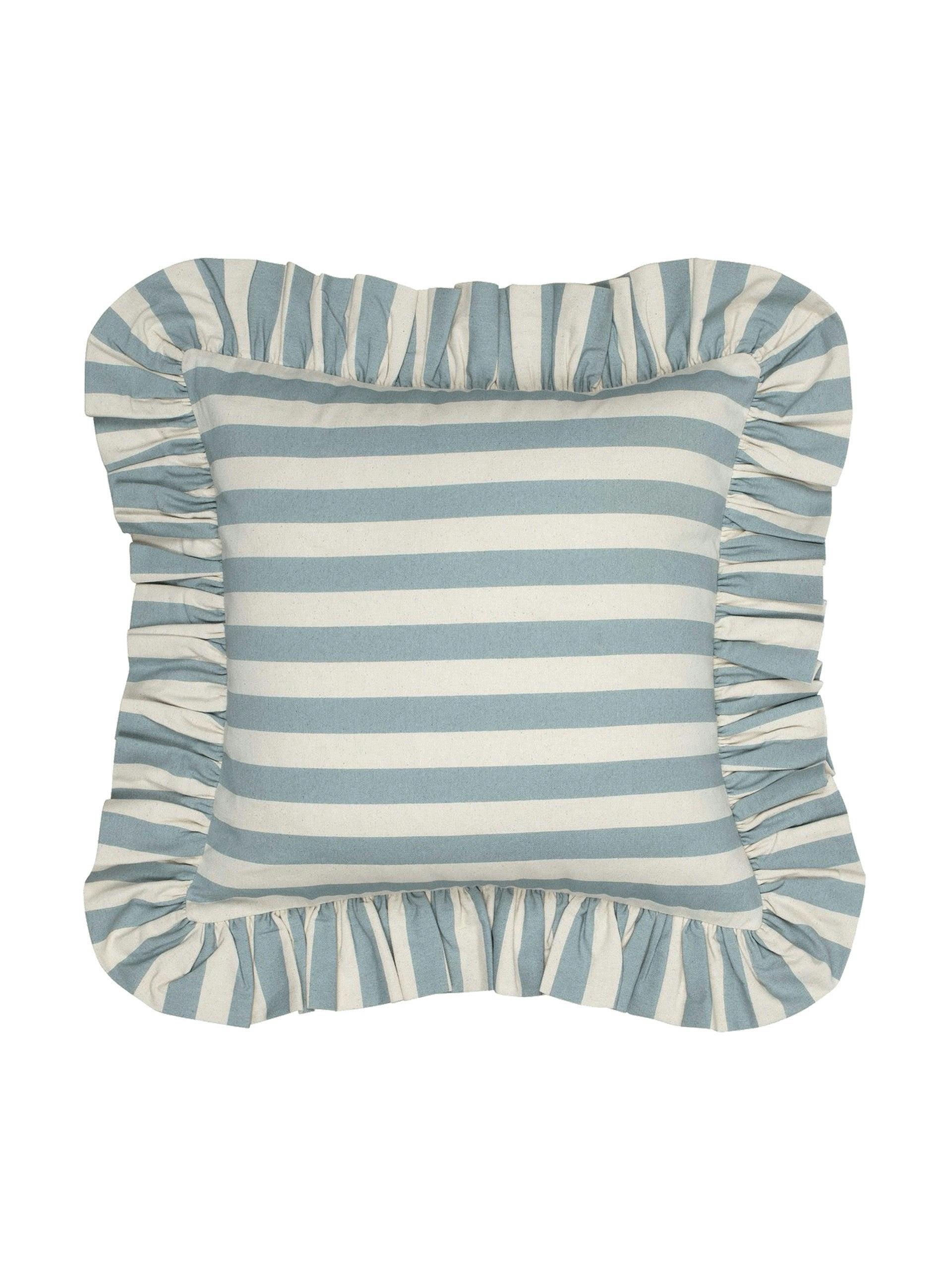 Pale blue Tangier stripe ruffle cushion