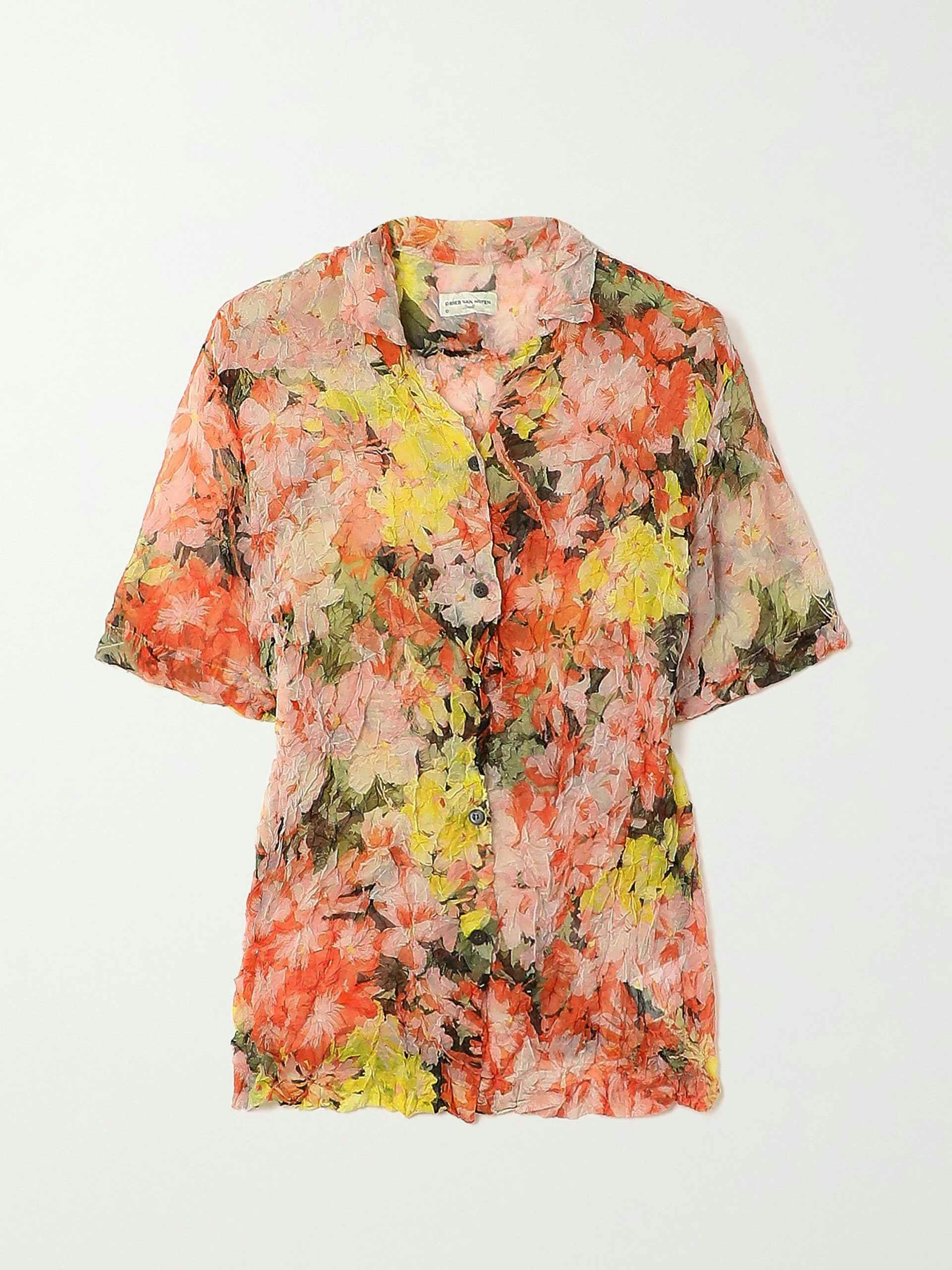 Floral-print crinkled-georgette shirt