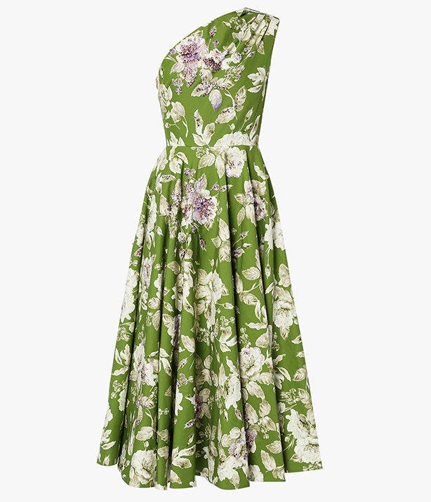 Johanne green floral faille one-shoulder dress
