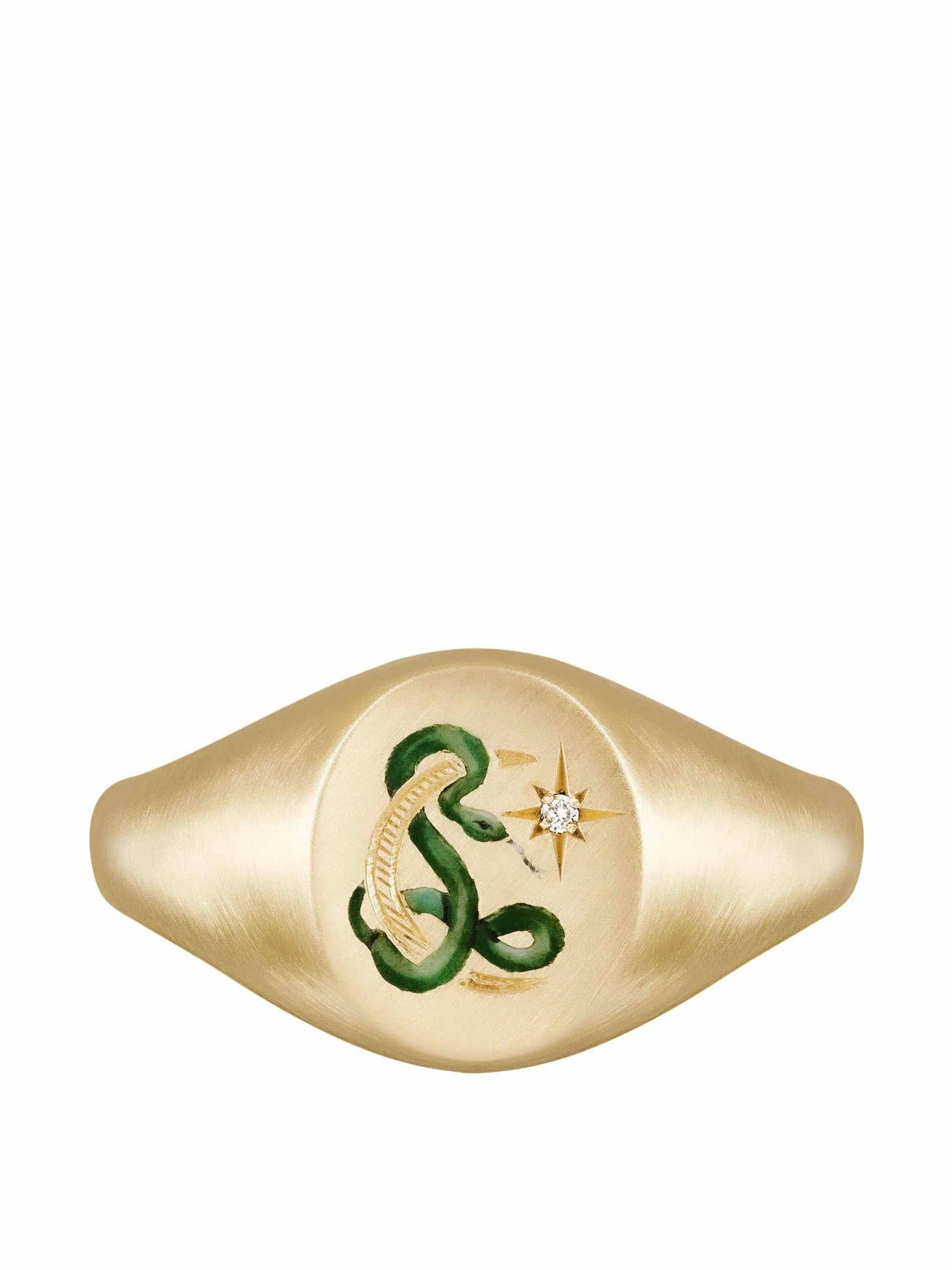 Snake & moon gold hand-painted enamel ring