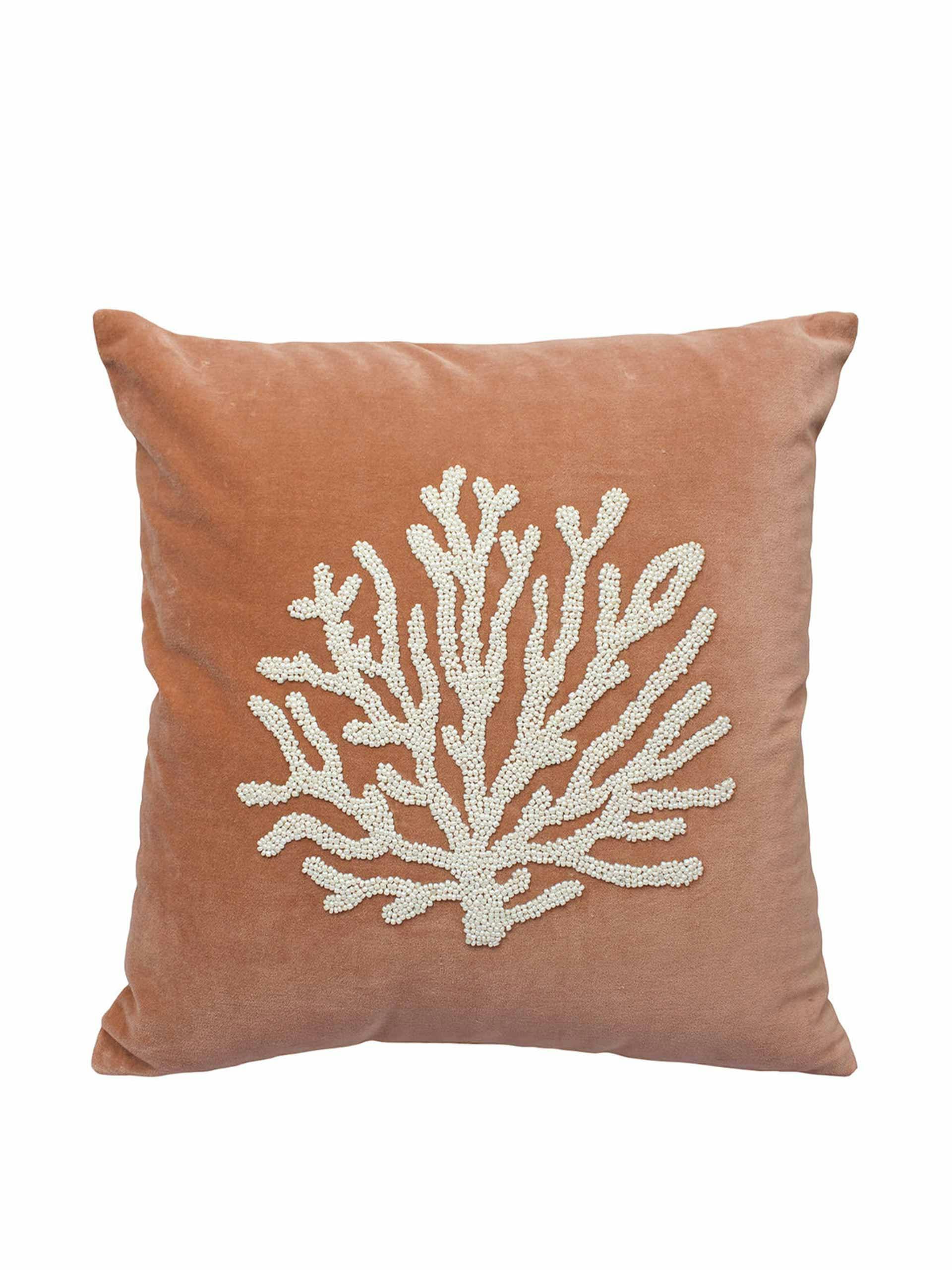 Velvet cushion with beaded coral