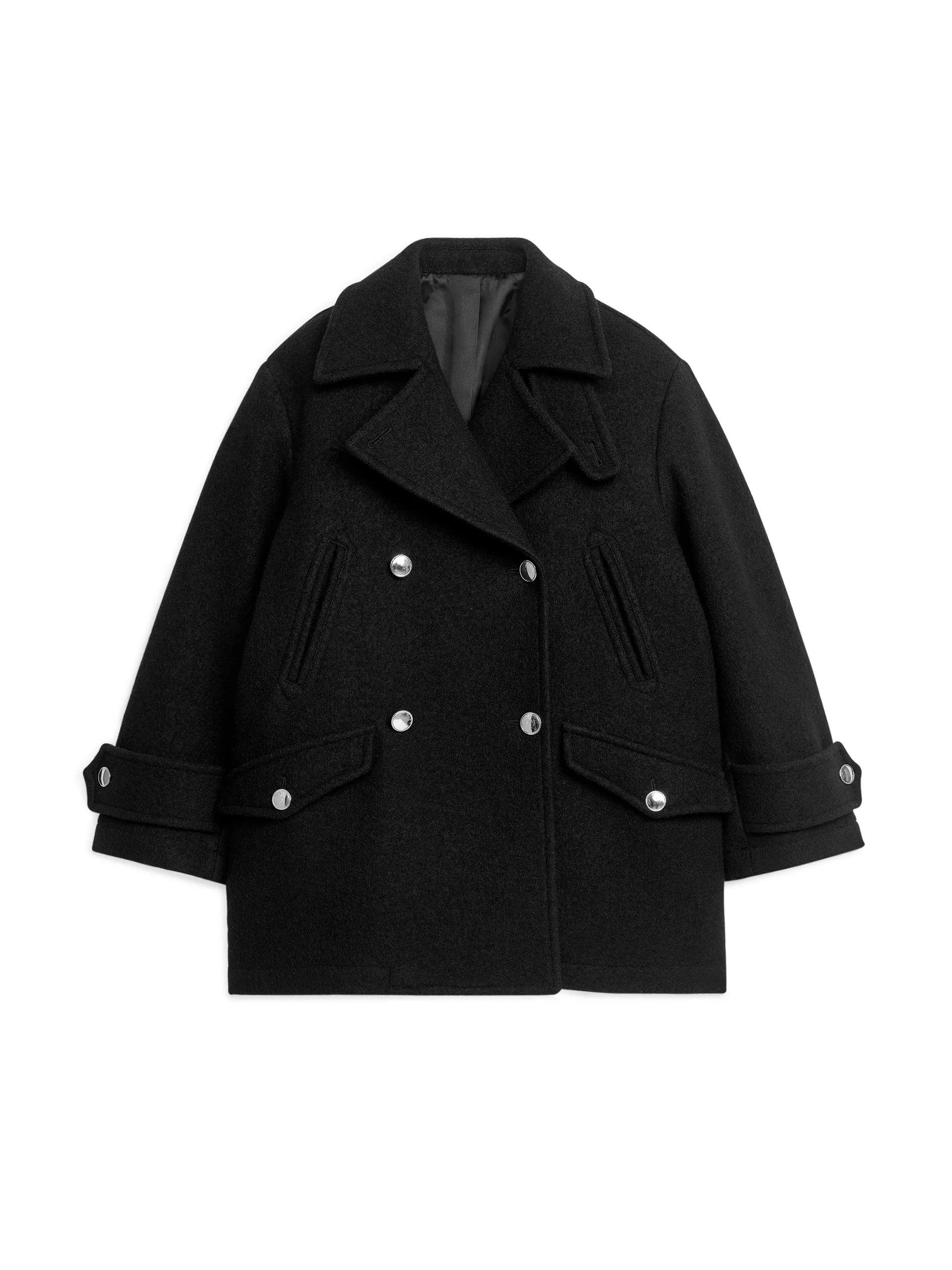 Black double-breasted pea coat