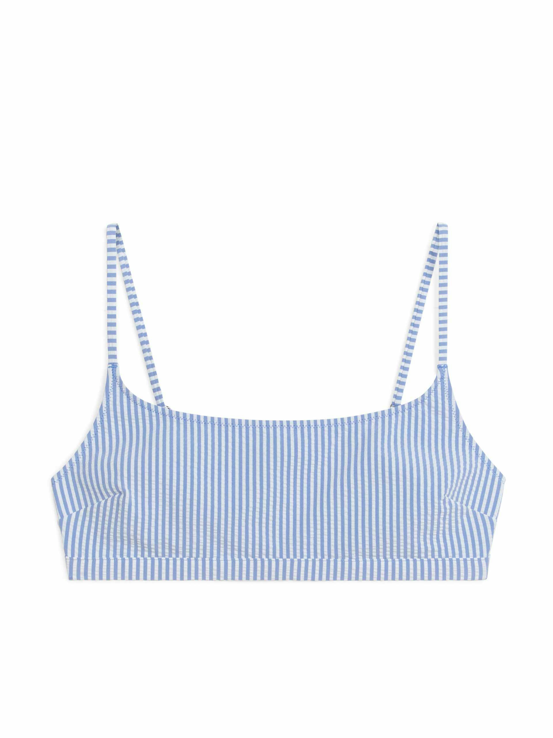Blue and white striped seersucker bikini top