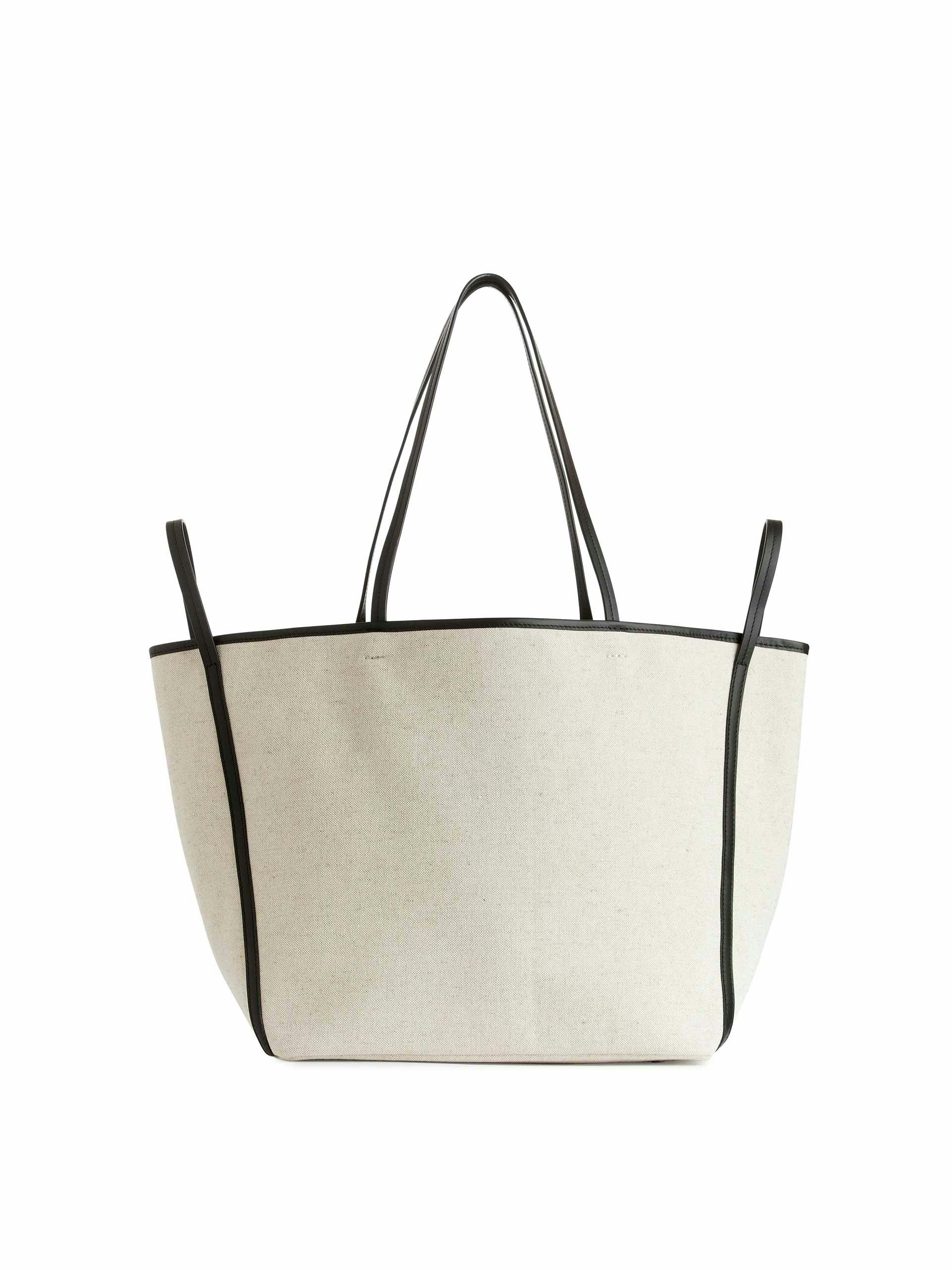 White and leather detailed linen tote bag
