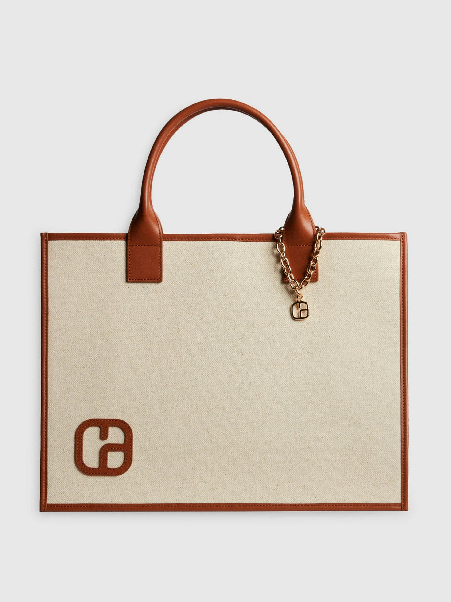 Beige canvas top-handle bag