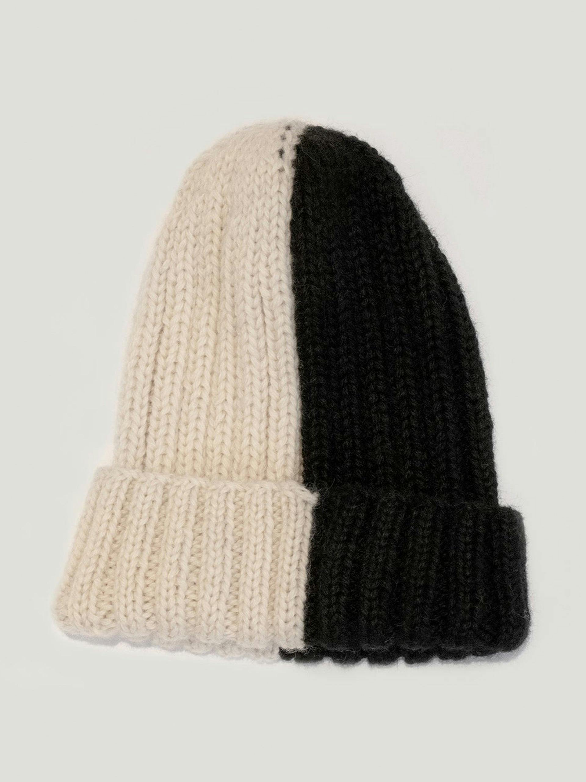 Black and white wool beanie hat