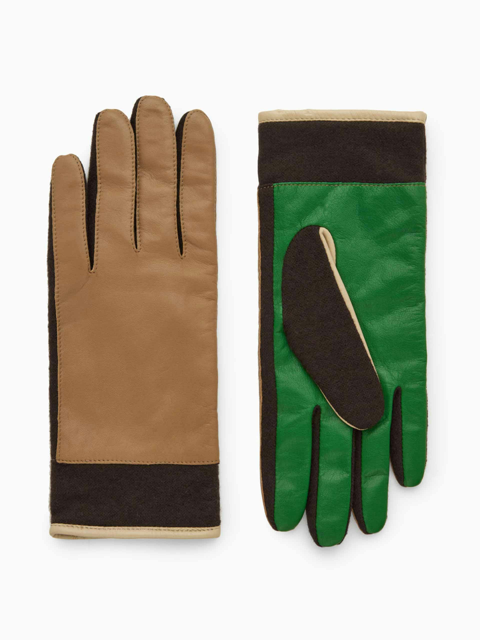 Brown and green colour-block gloves