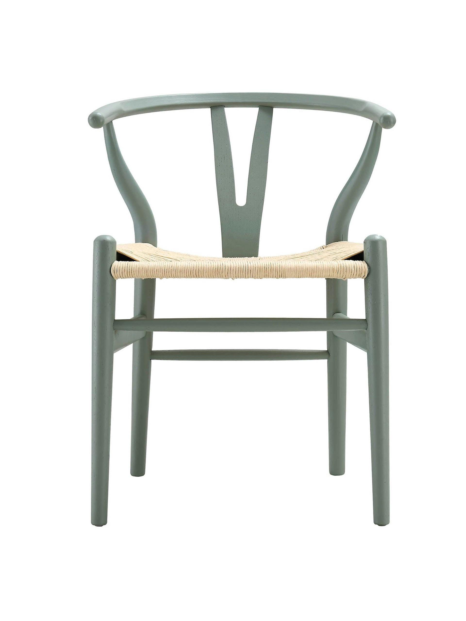 Wooden chair with weaved seat pad in sage green