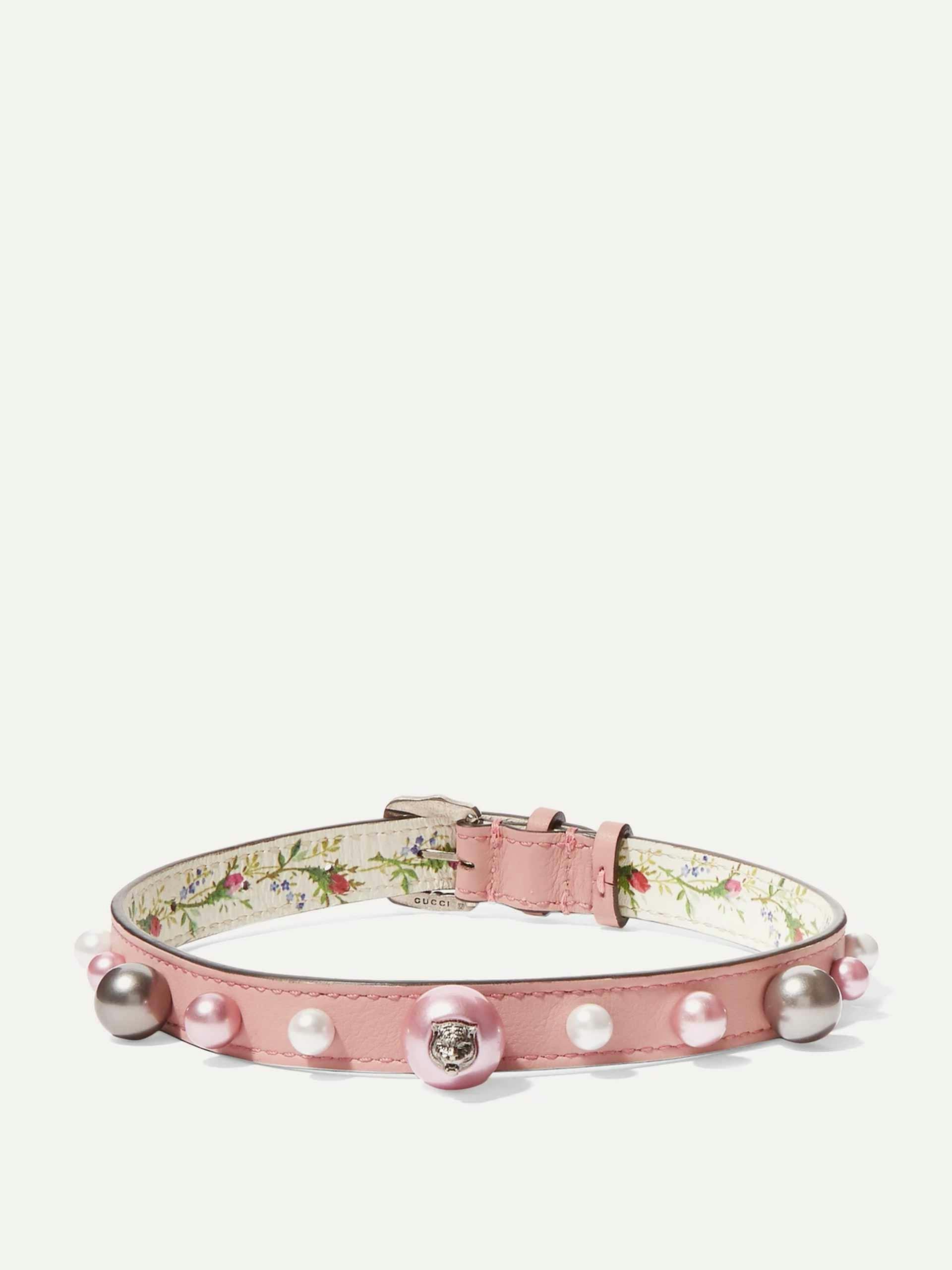 Pink leather, silver-tone and faux pearl choker