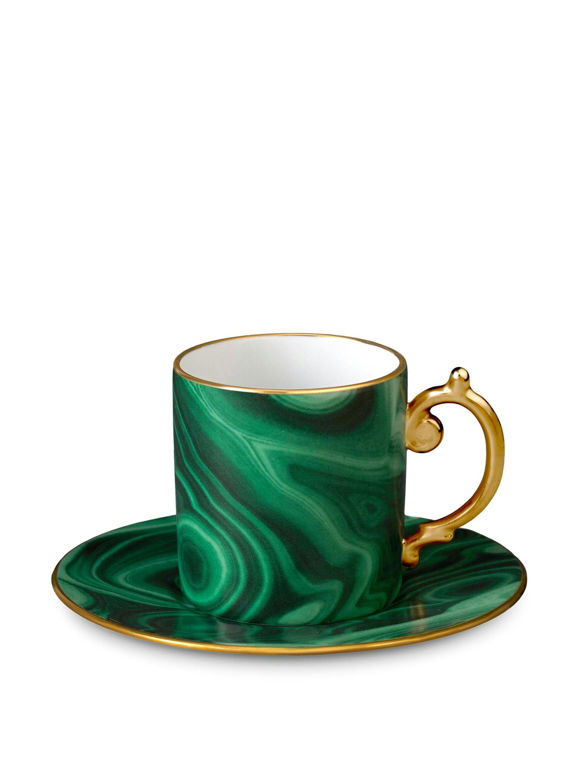 Malachite espresso cup and saucer with gold-plated details