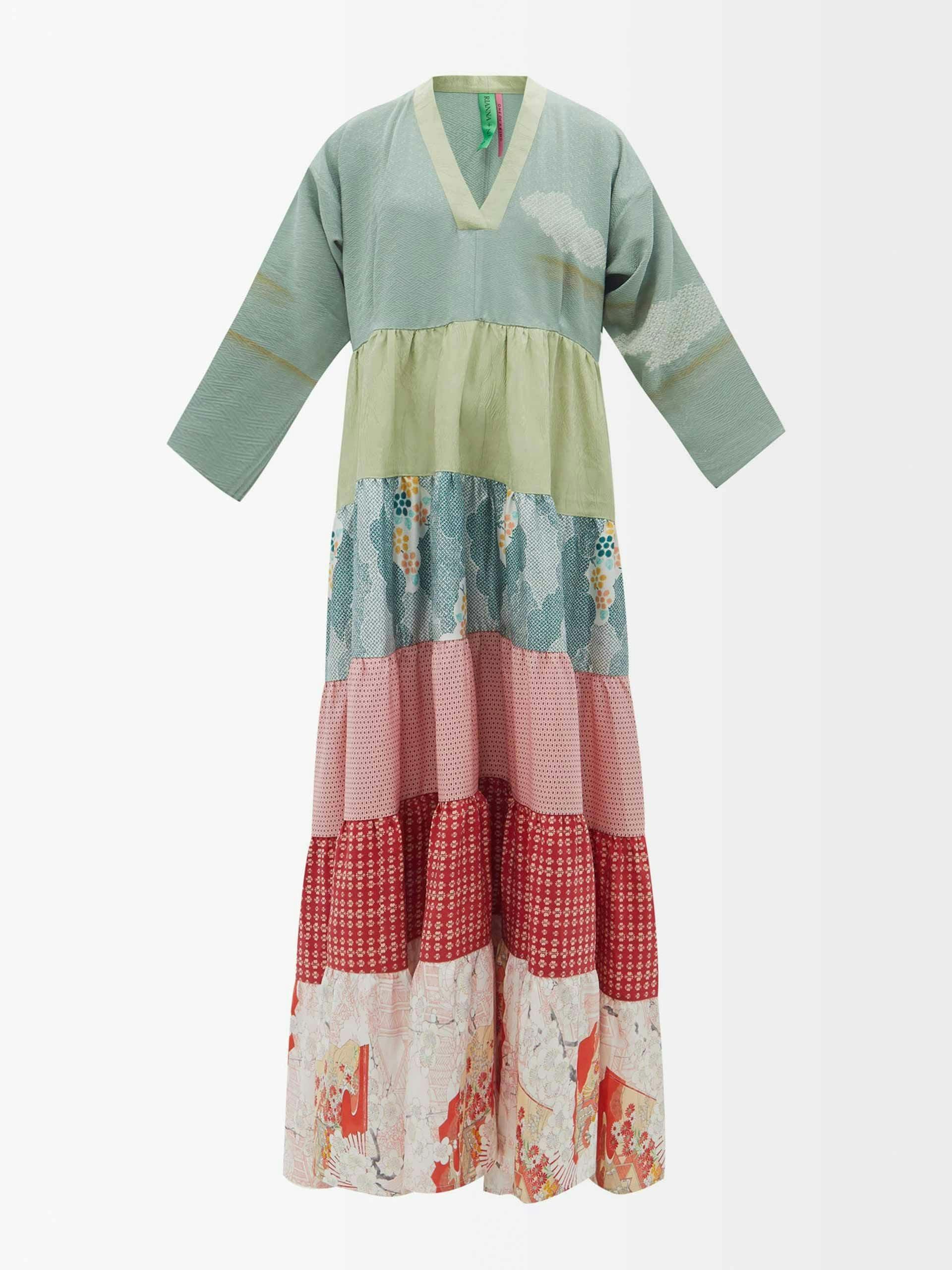 Patchwork vintage-silk maxi dress