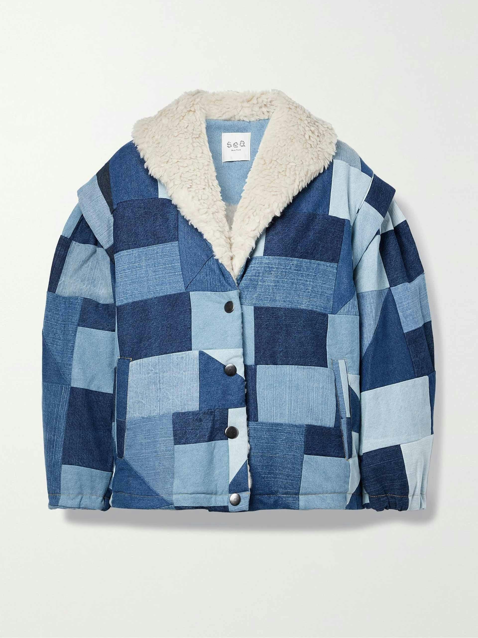 Fleece-lined patchwork denim coat