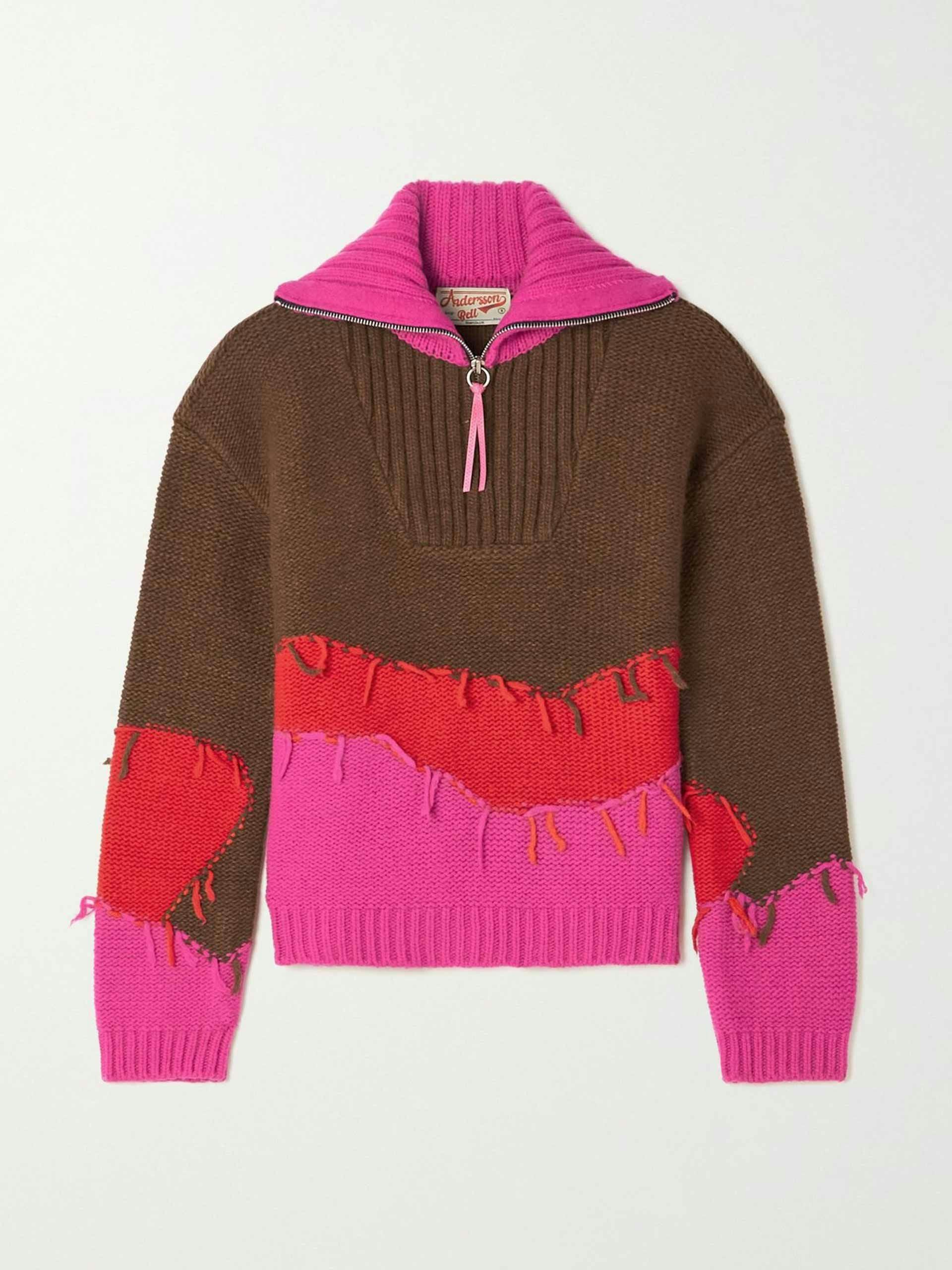 Mountain striped wool-blend half zip sweater