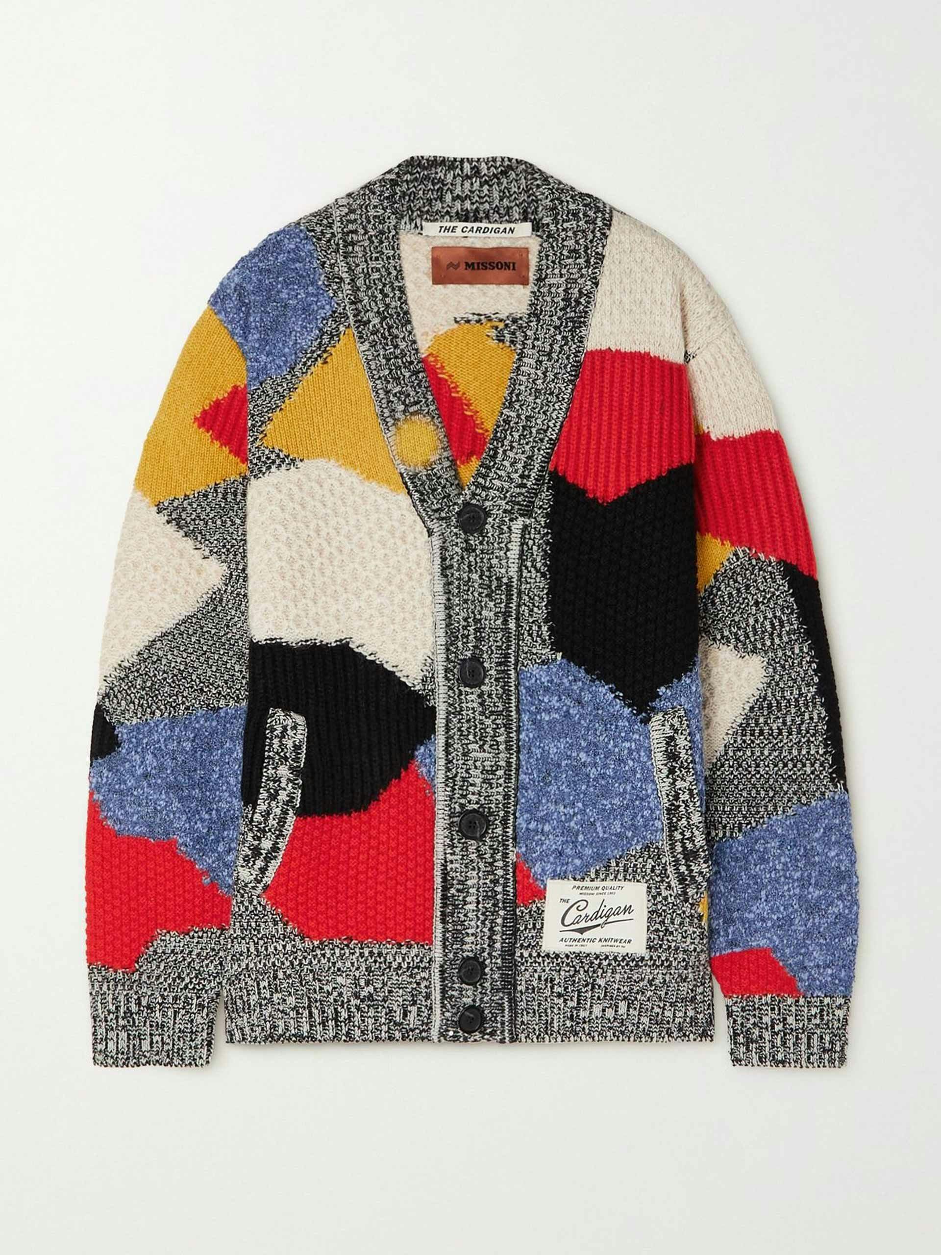 Appliquéd patchwork wool-blend cardigan