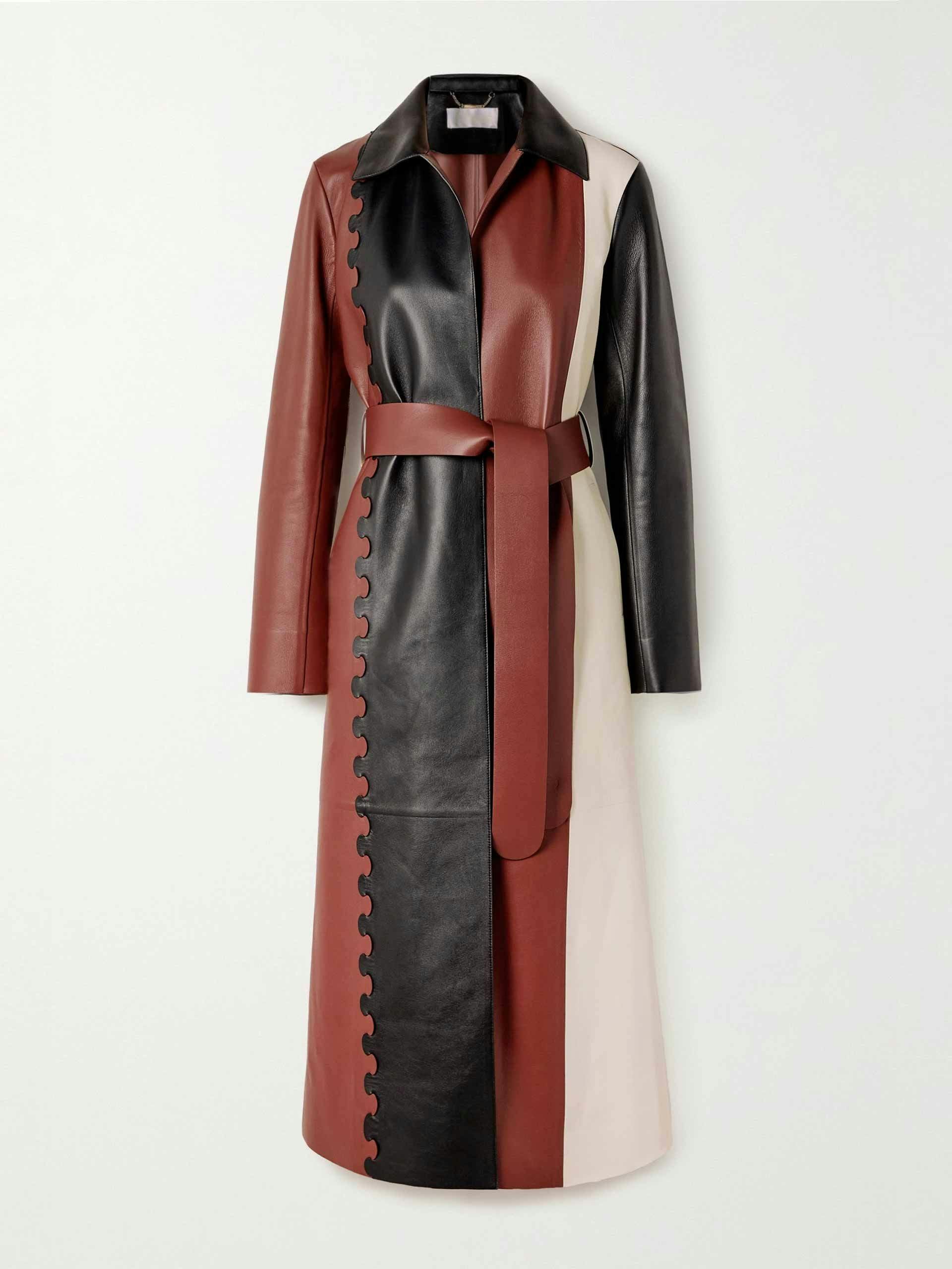 Belted panelled colour-block leather coat