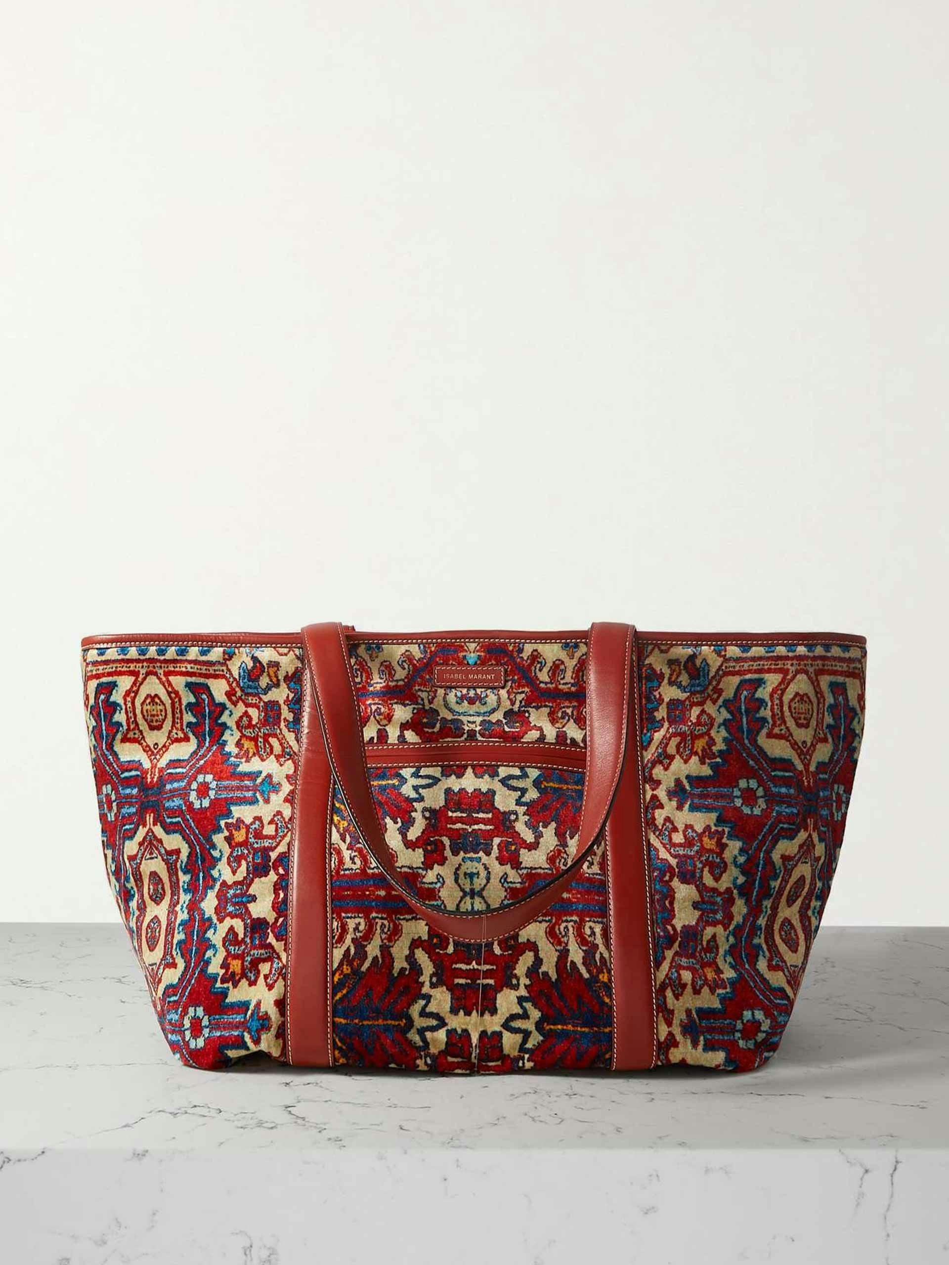 Leather-trimmed cotton-jacquard tote