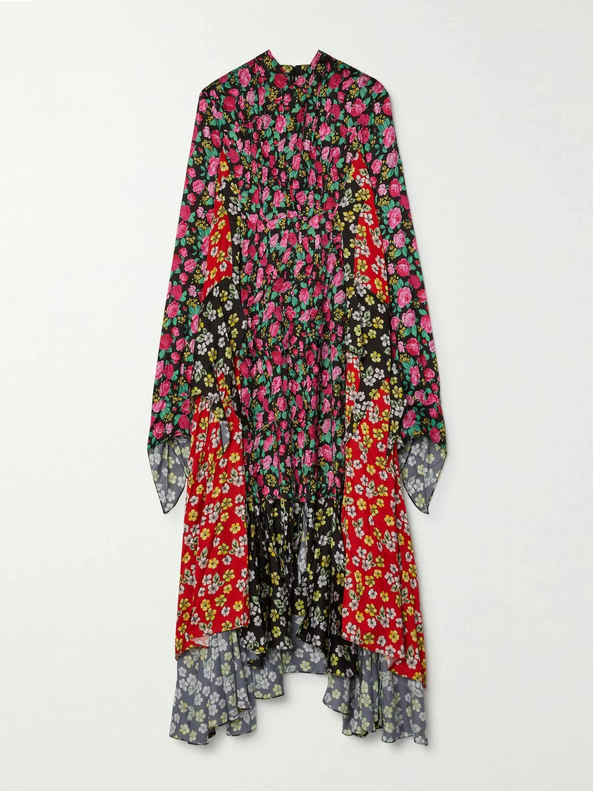 Asymmetric patchwork floral-print satin dress