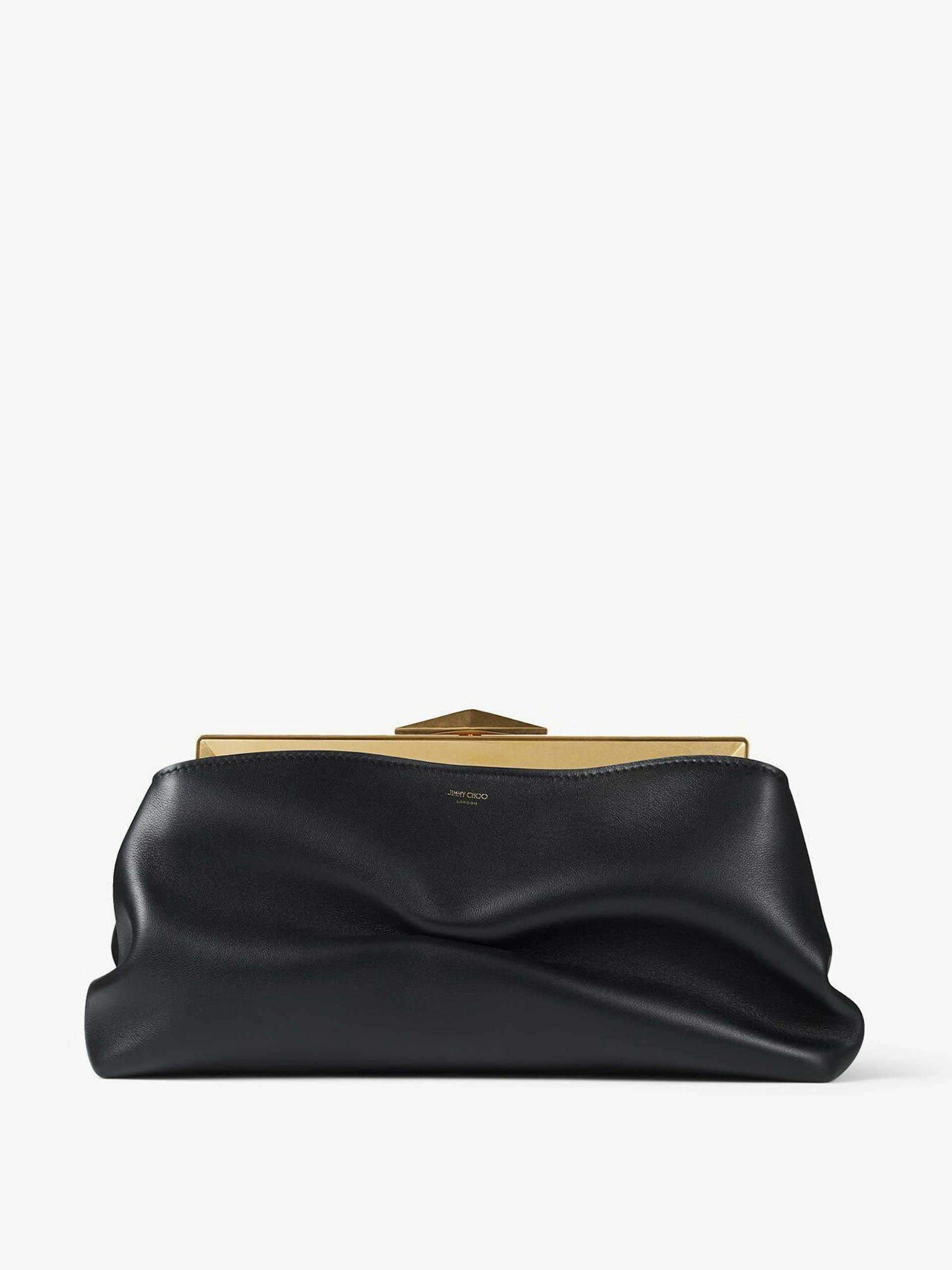 Black calf leather clutch bag with chain strap