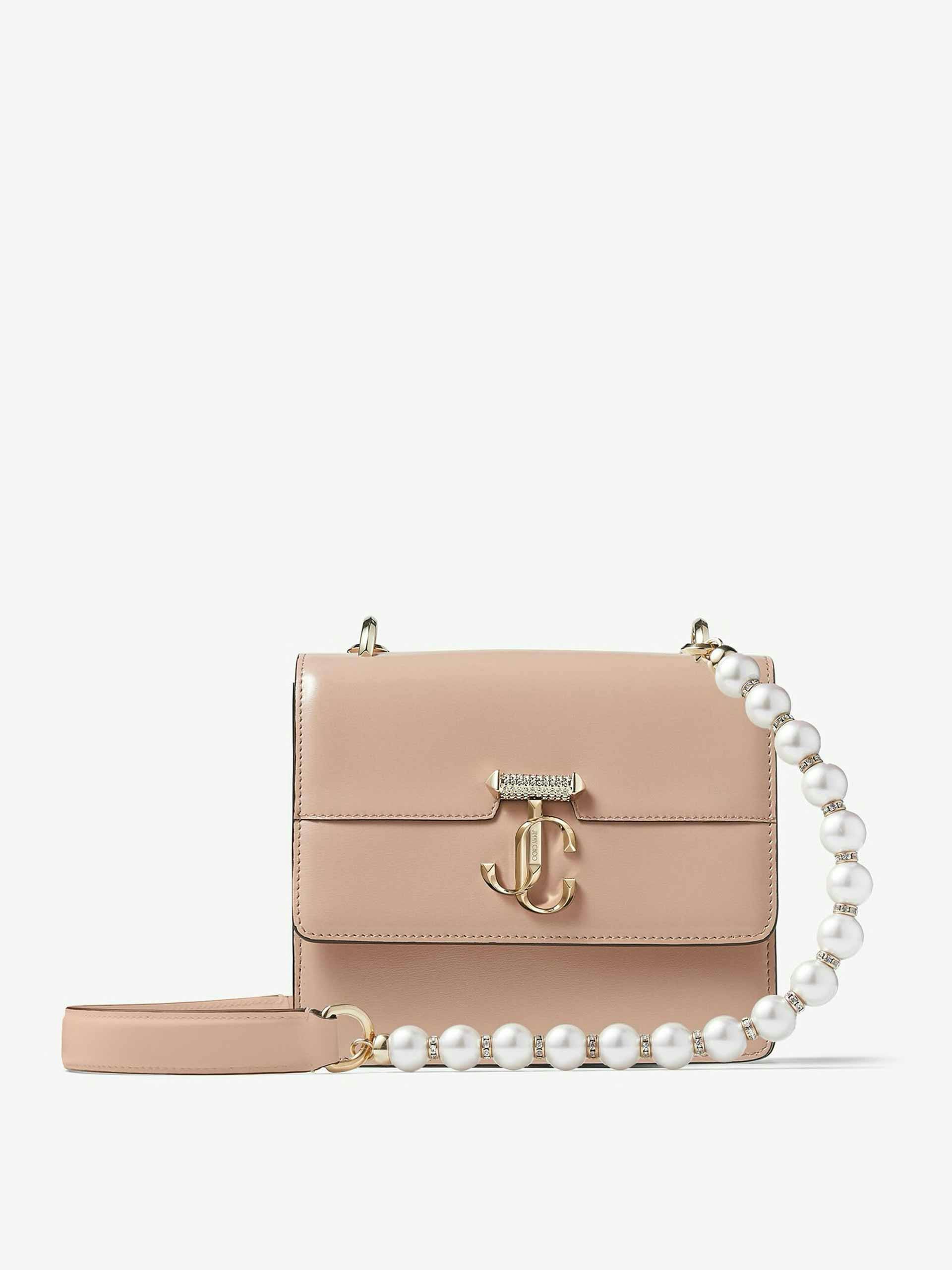 Ballet pink box leather shoulder bag with pearl strap
