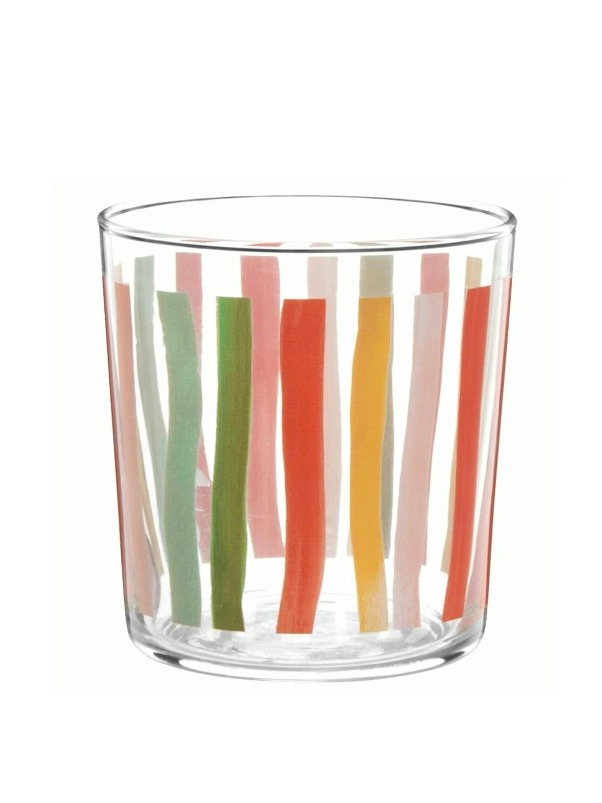 Glass tumbler with multicoloured stripe print