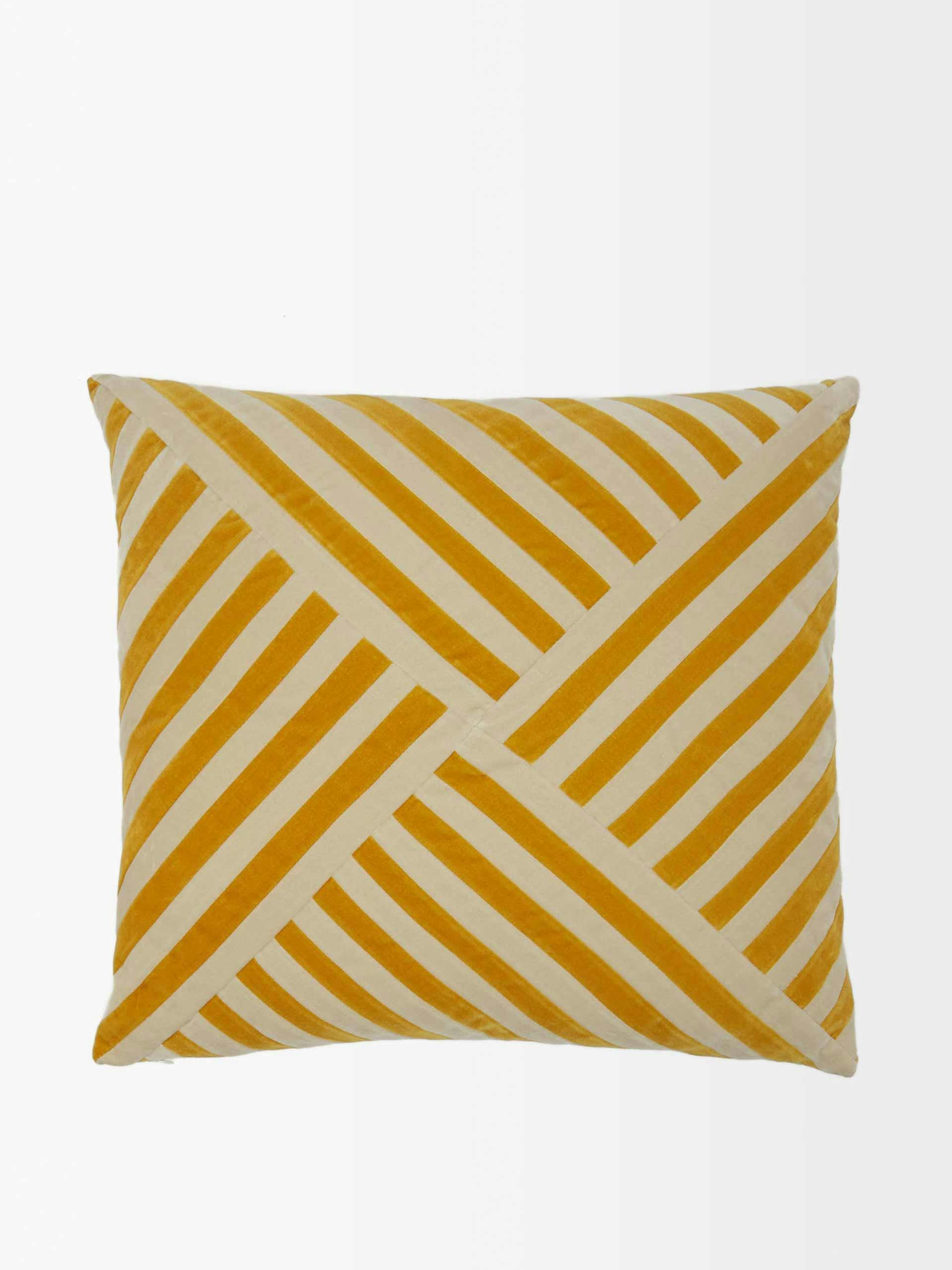 Yellow striped cotton velvet cushion
