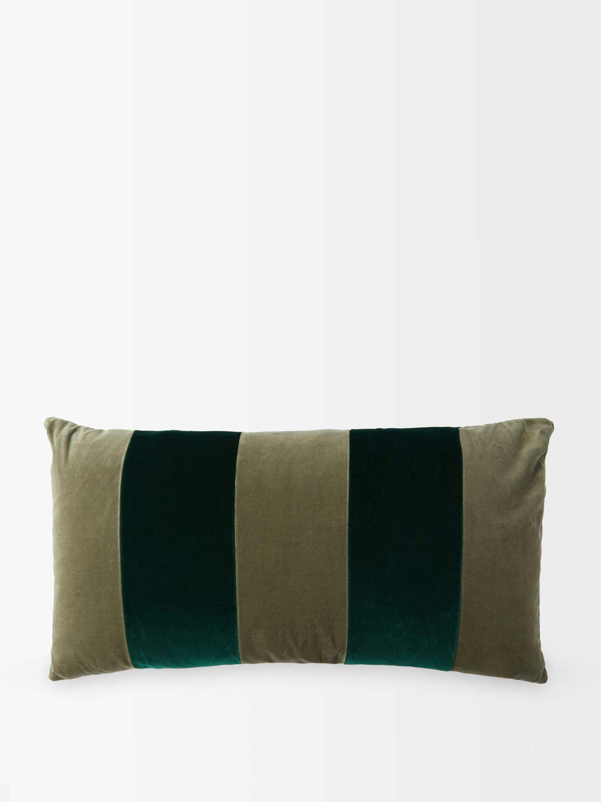 Green striped cotton-velvet cushion
