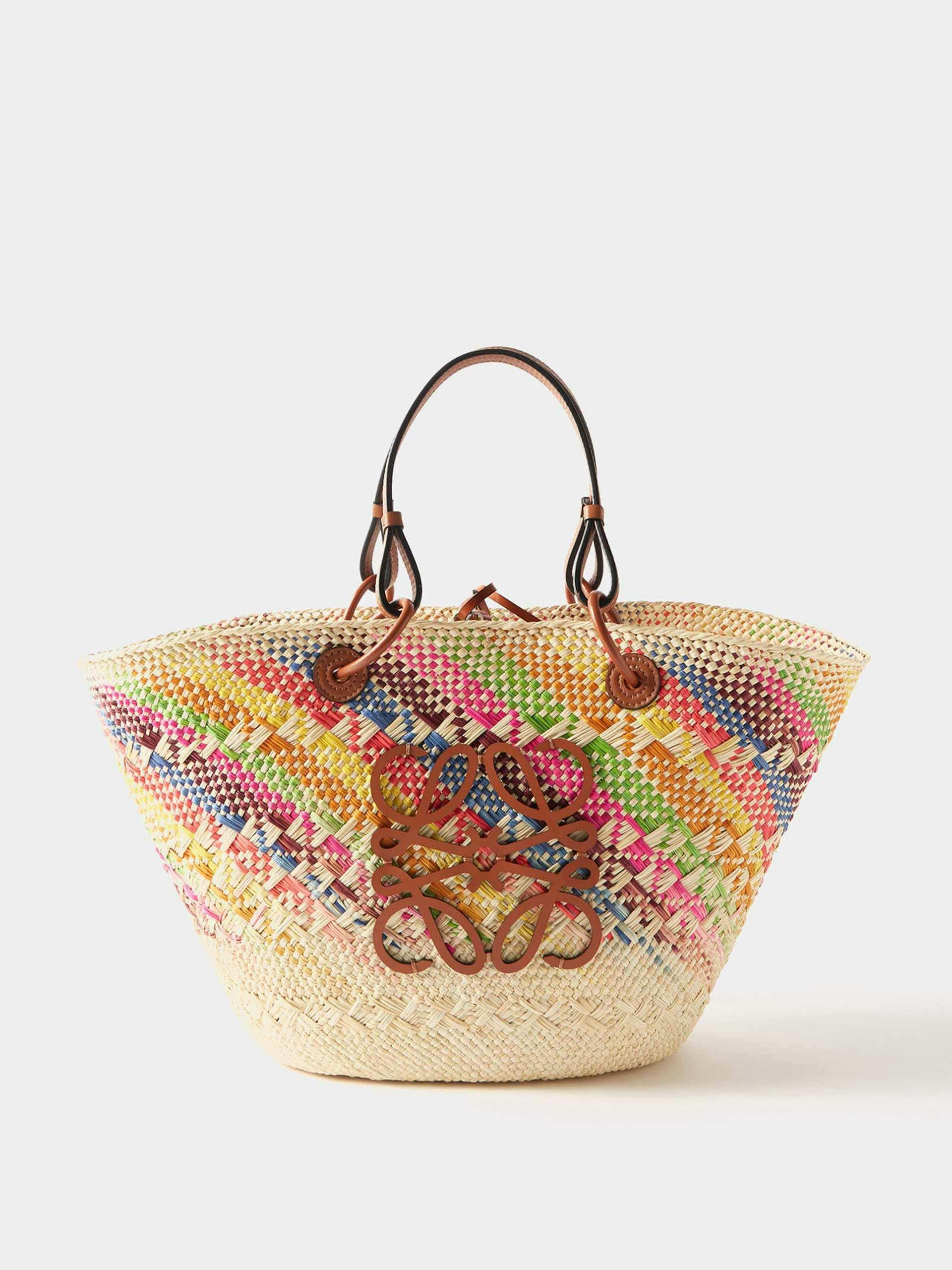 Natural and multi-coloured  raffia basket bag