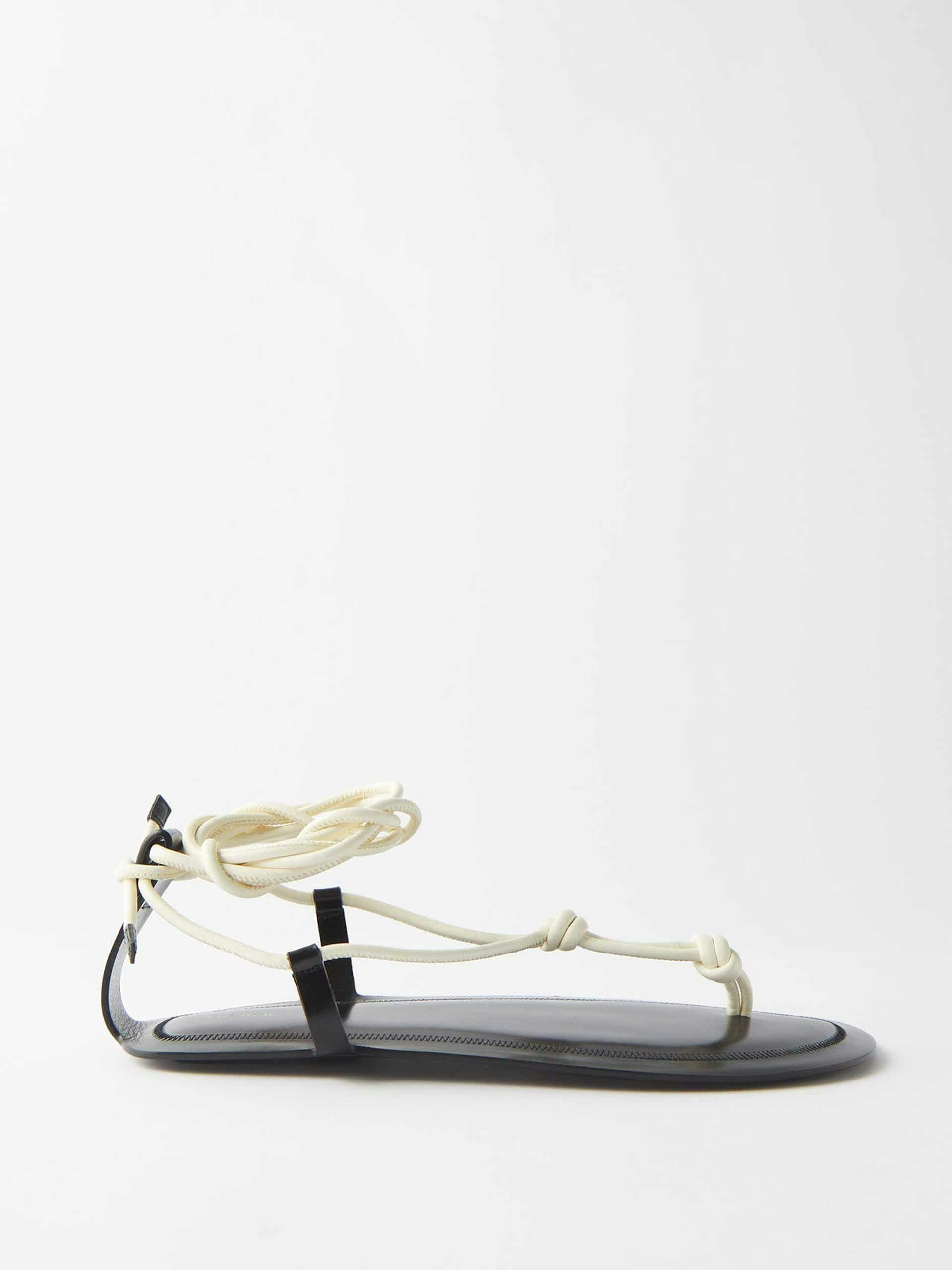 Black and white knot leather wraparound-strap sandals