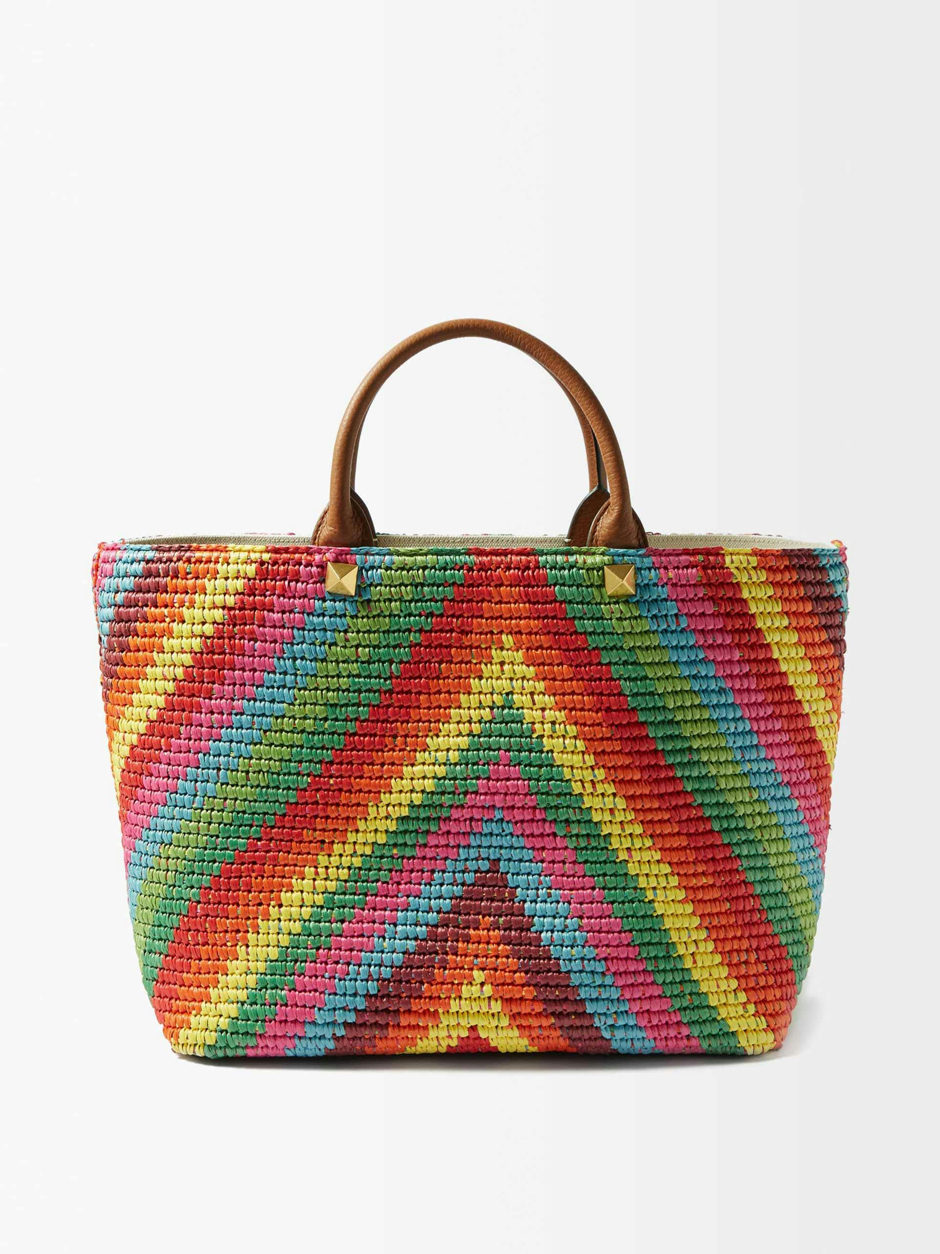 Multi-coloured woven basket bag