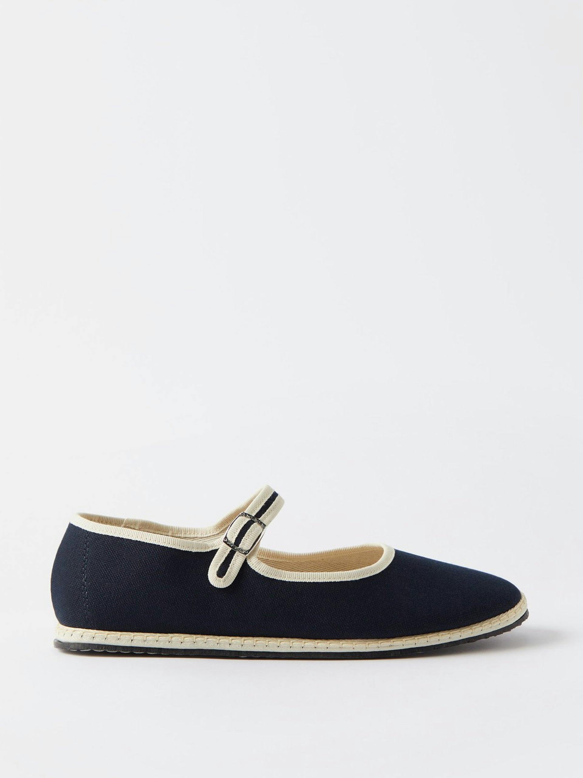 Blanket-stitched cotton-canvas navy flats