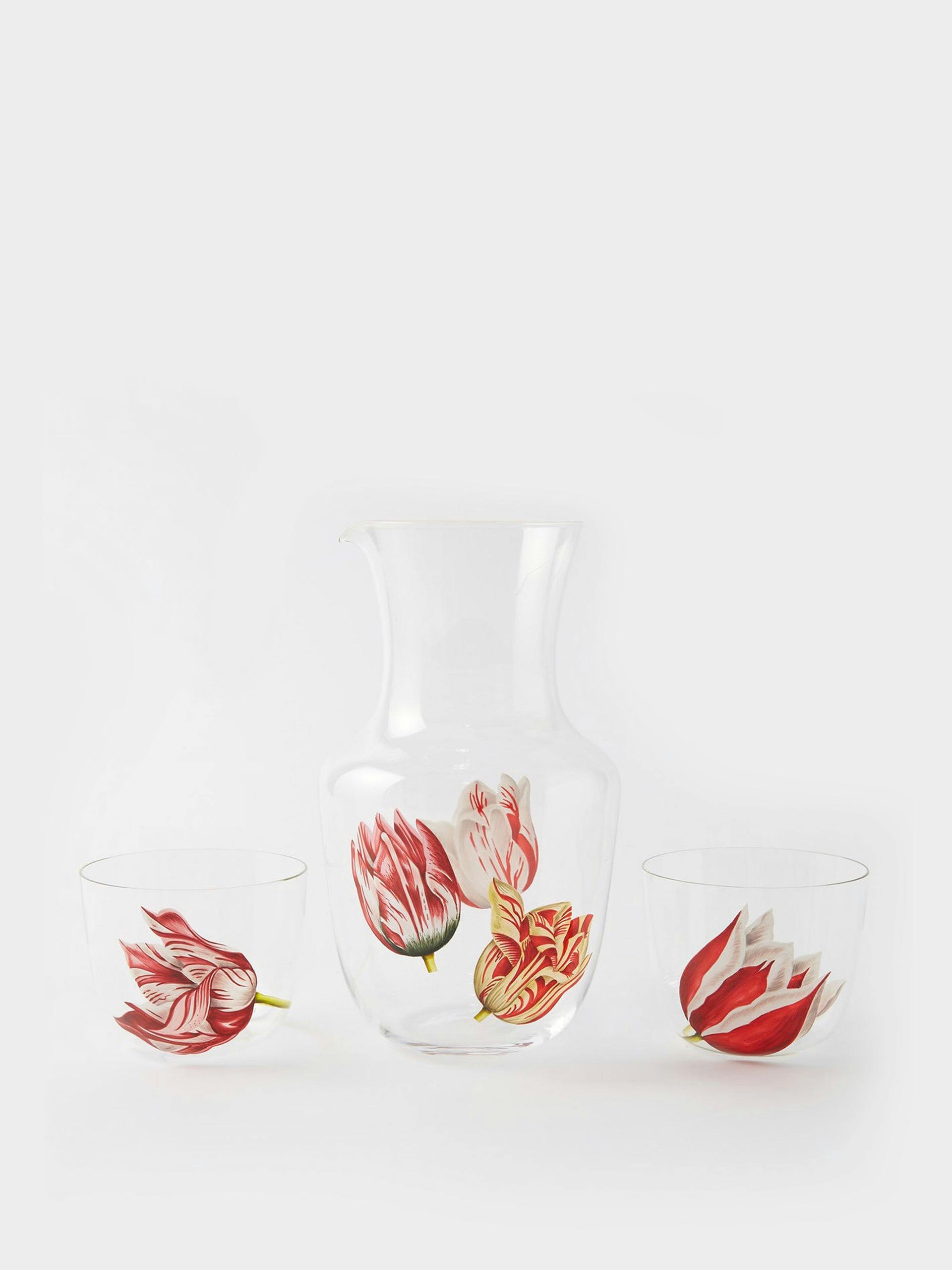 Carafe and glasses set with tulips