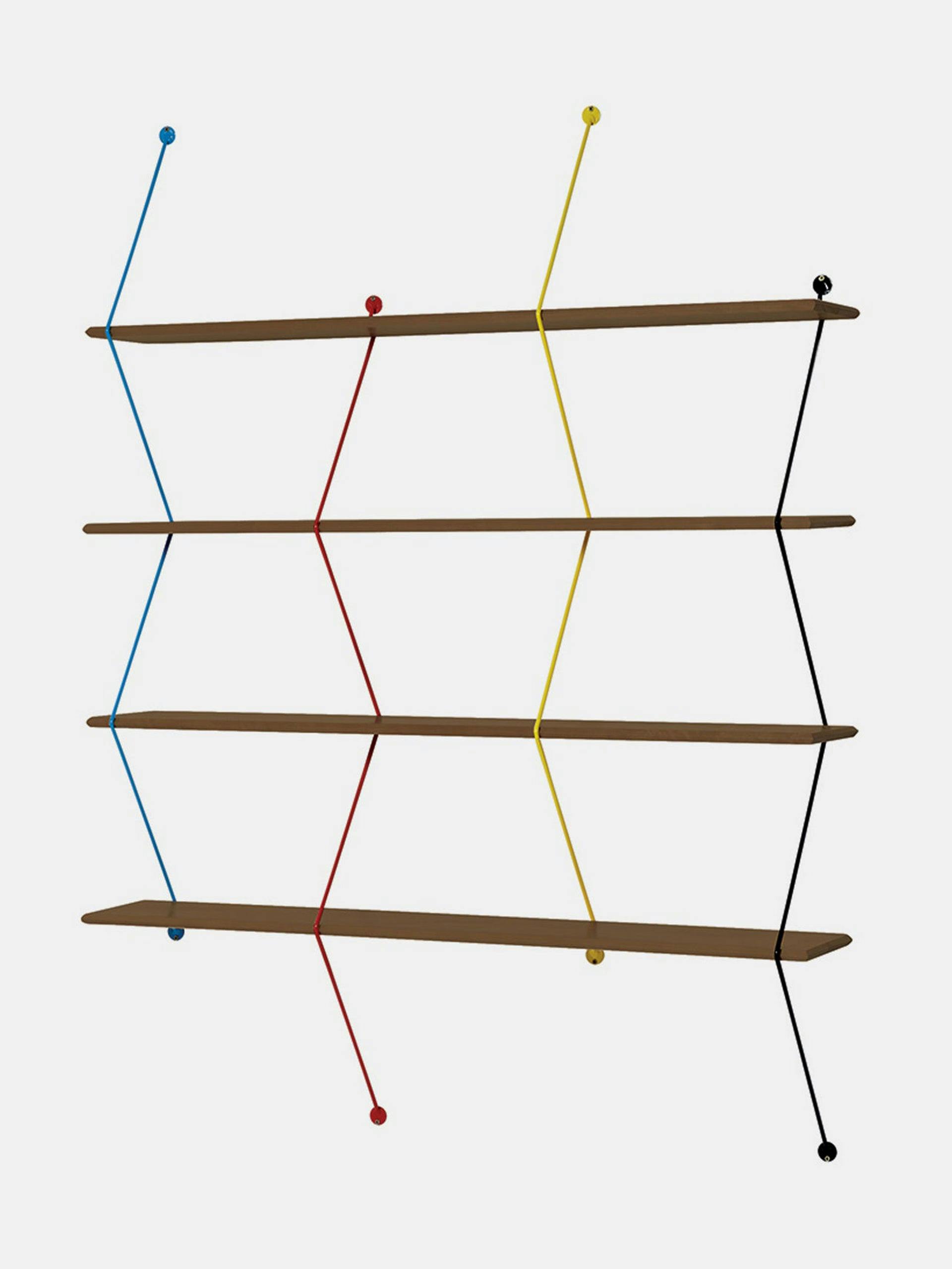 Walnut and multicoloured steel shelving system