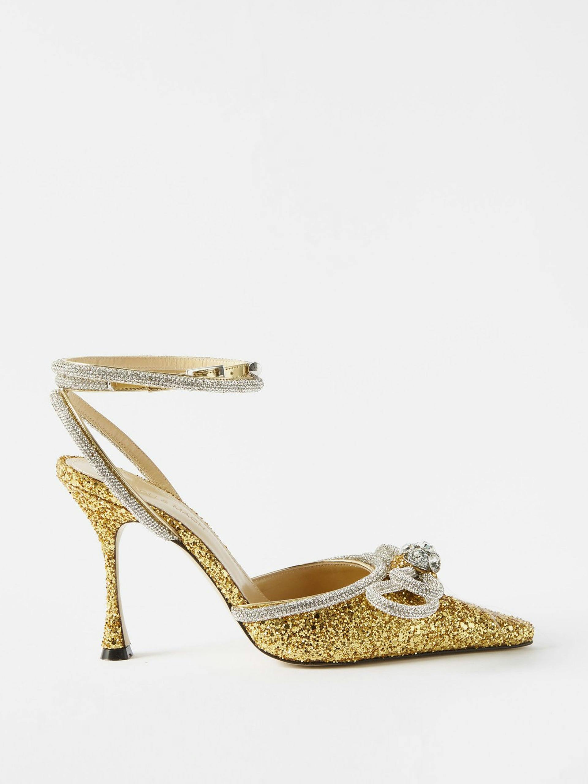 Double bow gold glitter pumps