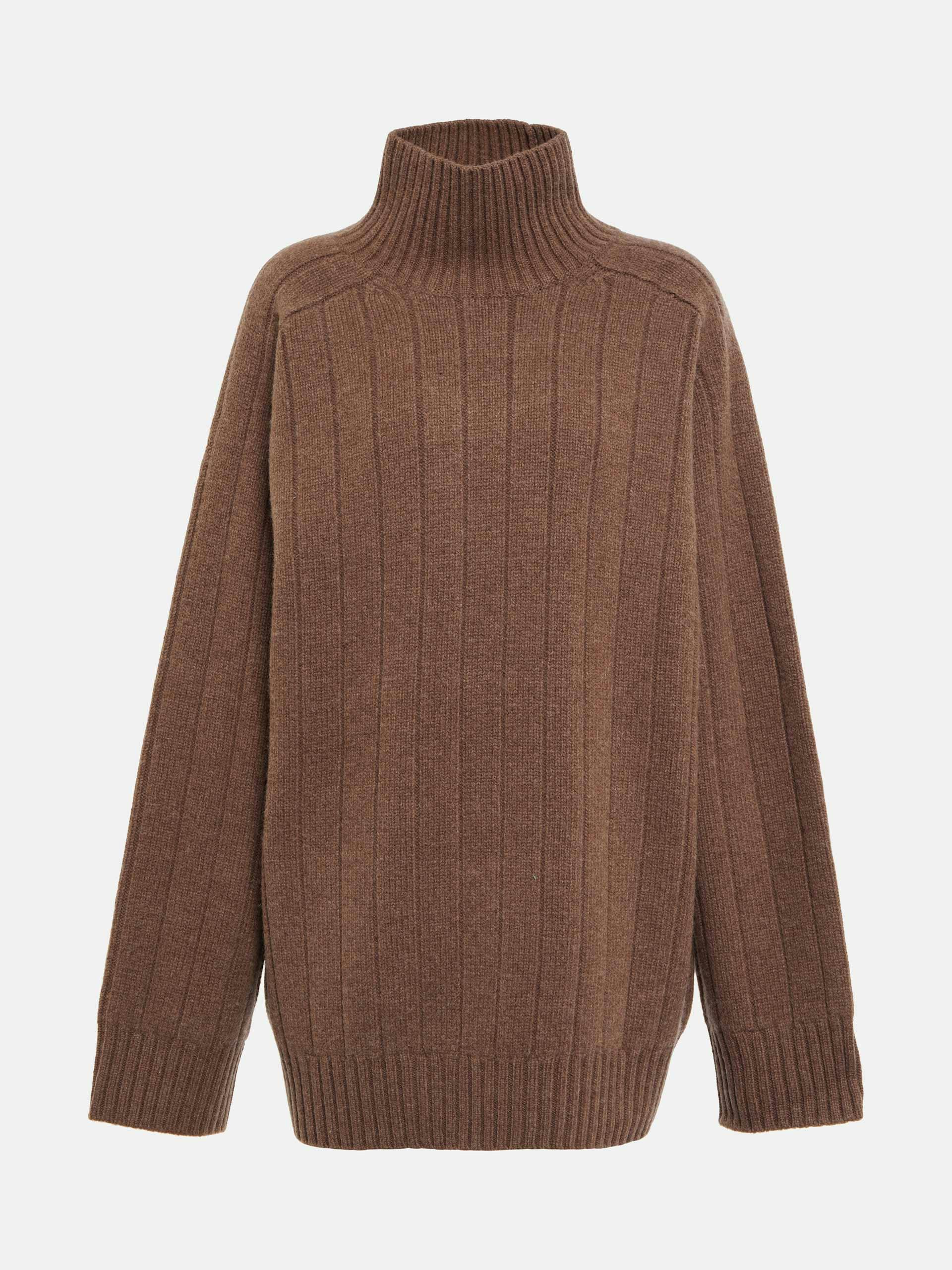 Brown ribbed-knit turtleneck sweater