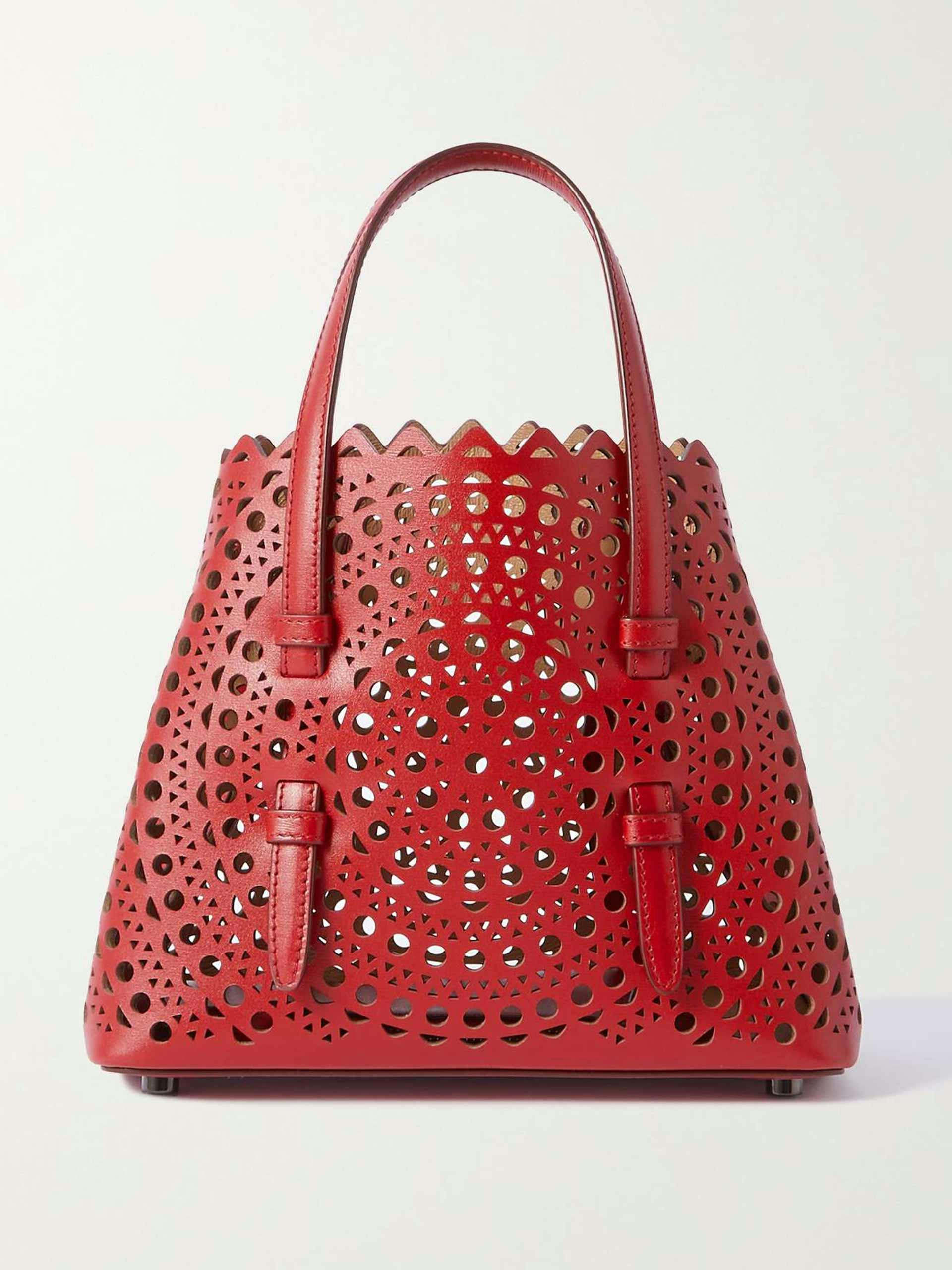 Red laser-cut leather tote