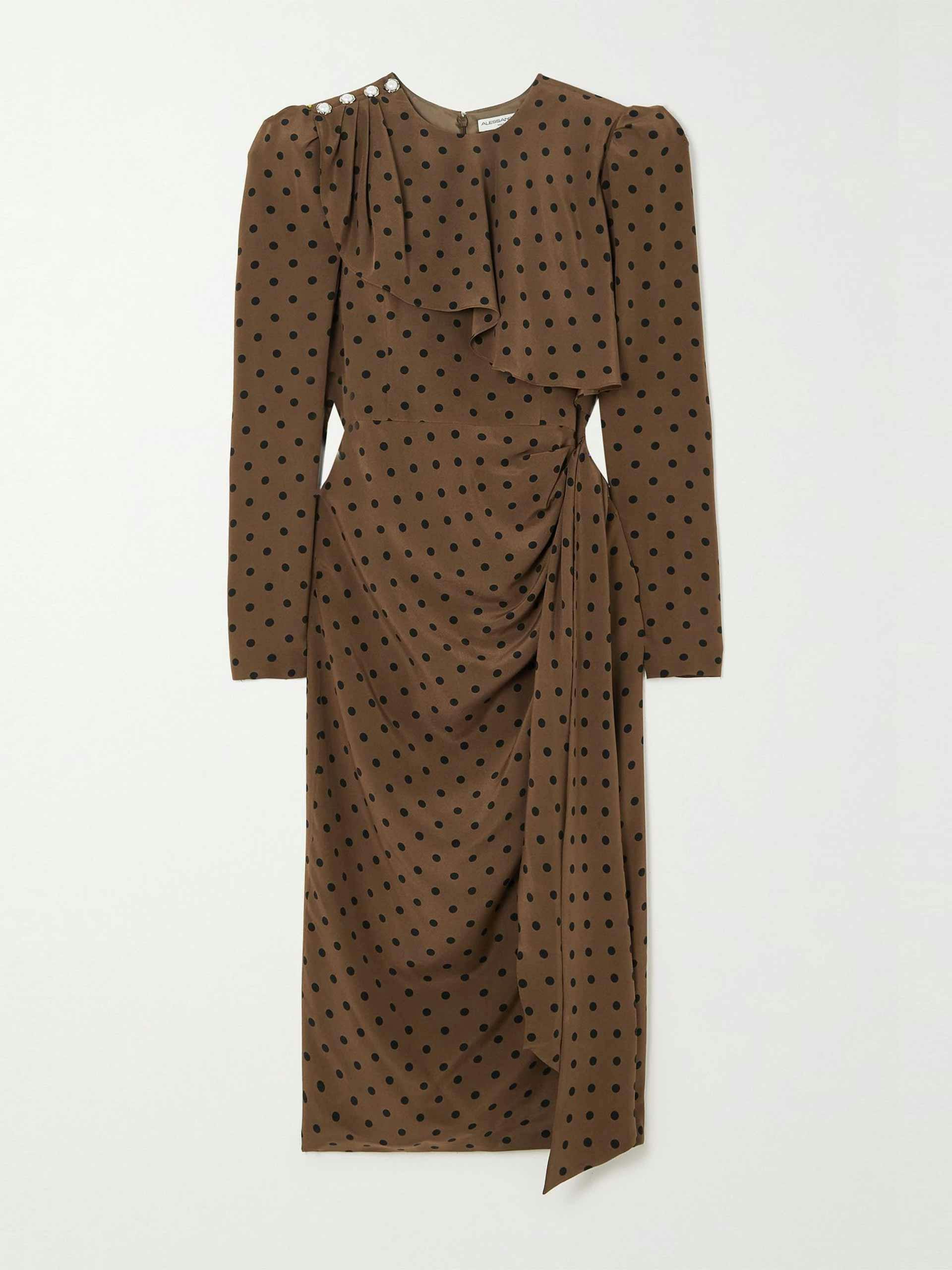 Brown polka-dot midi dress