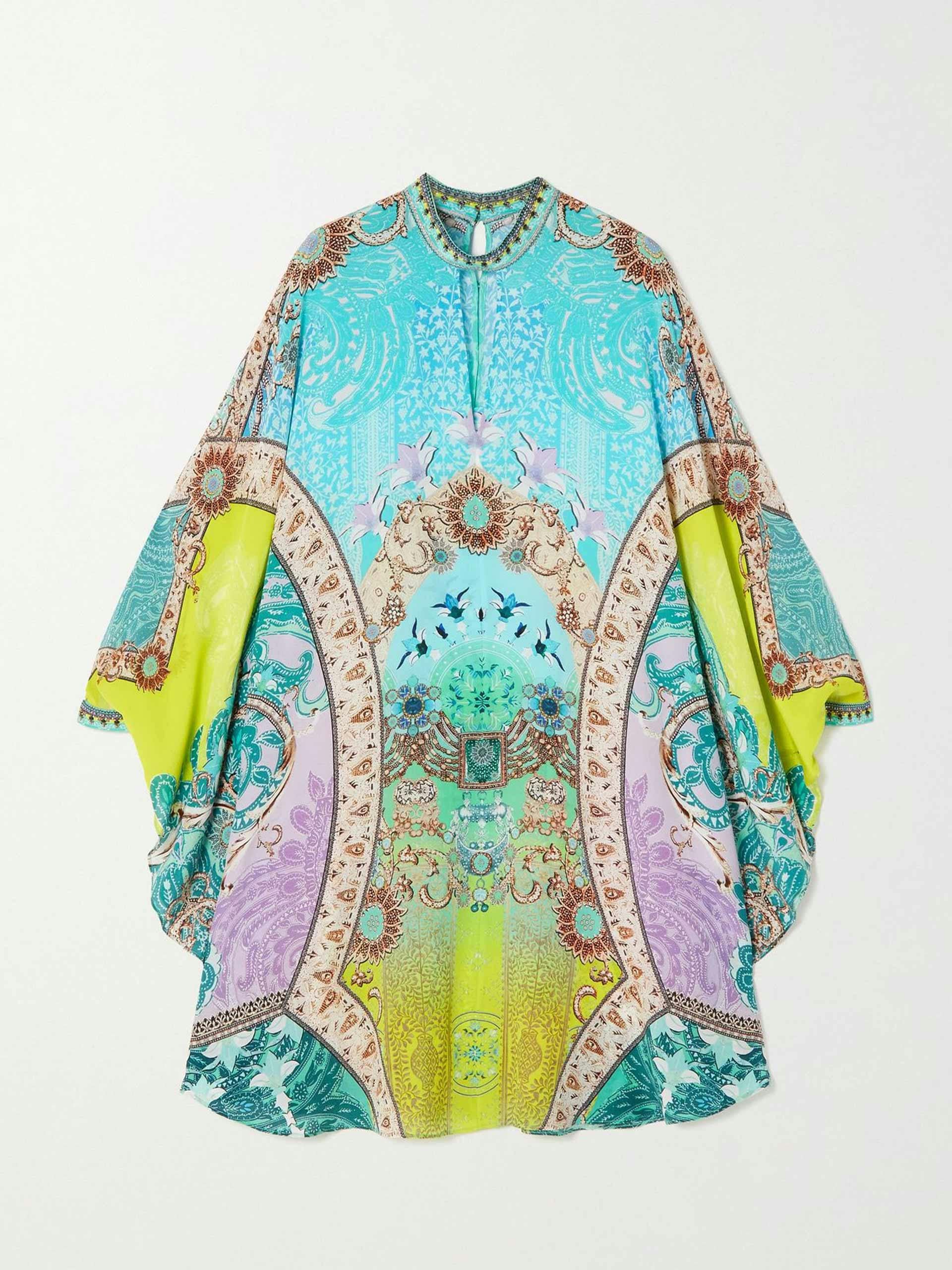 Blue and multi-coloured printed embellished kaftan