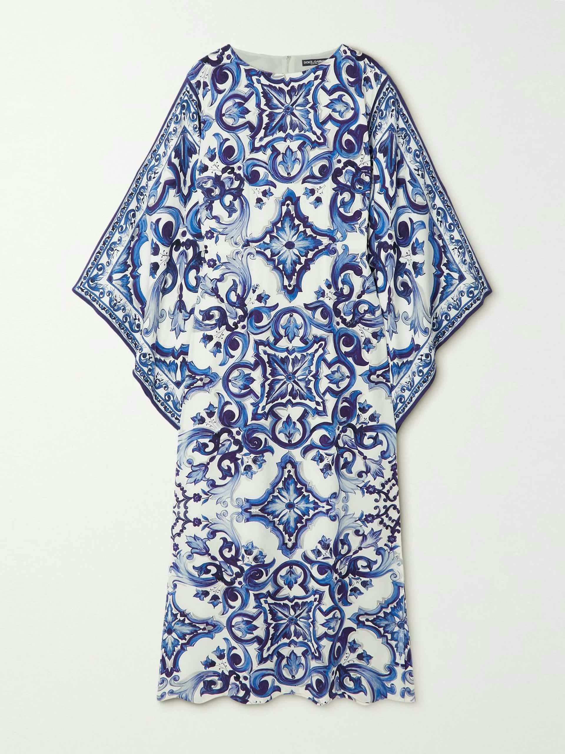 Blue and white print silk kaftan