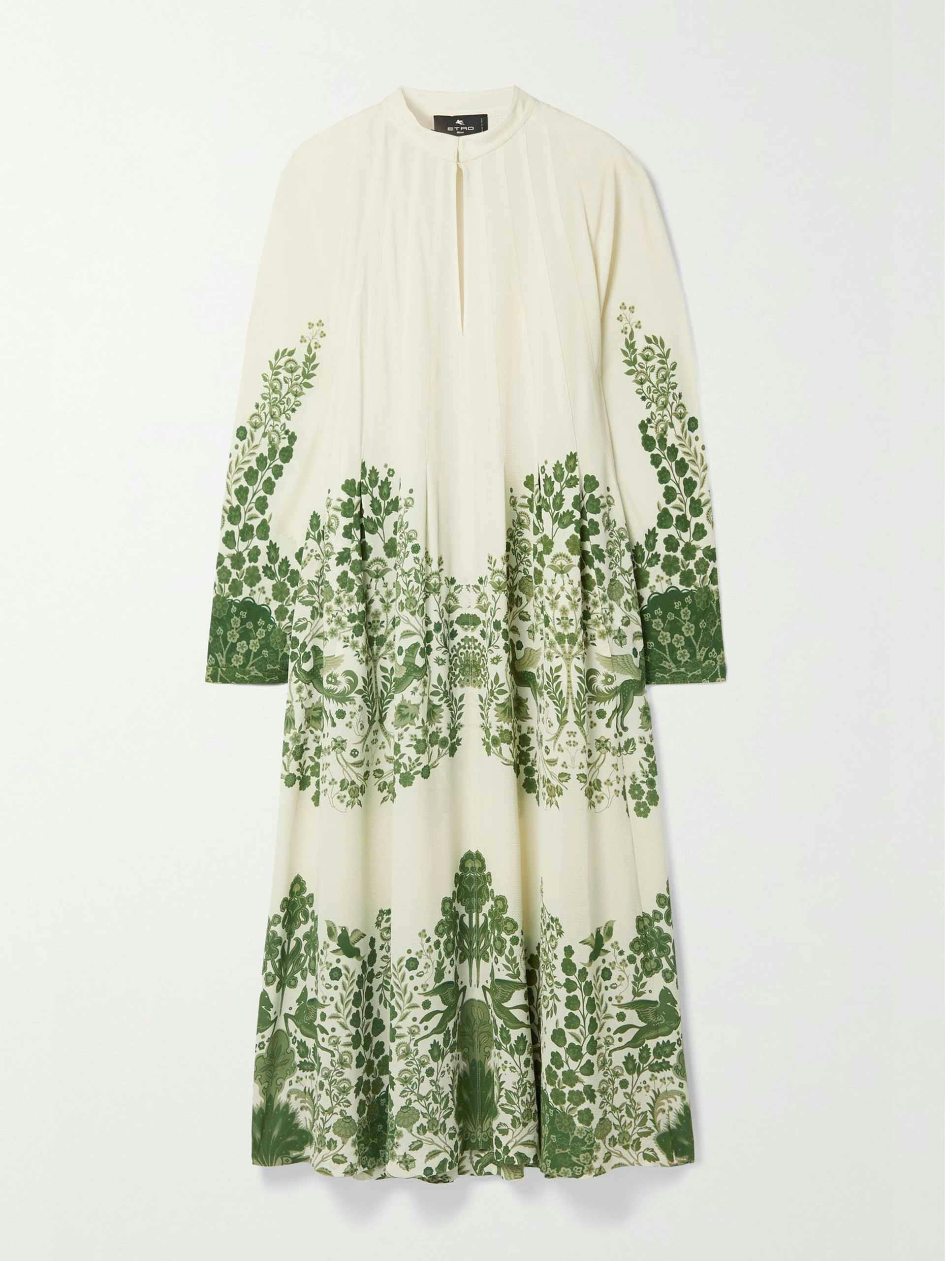 Pleated floral-print crepe de chine dress