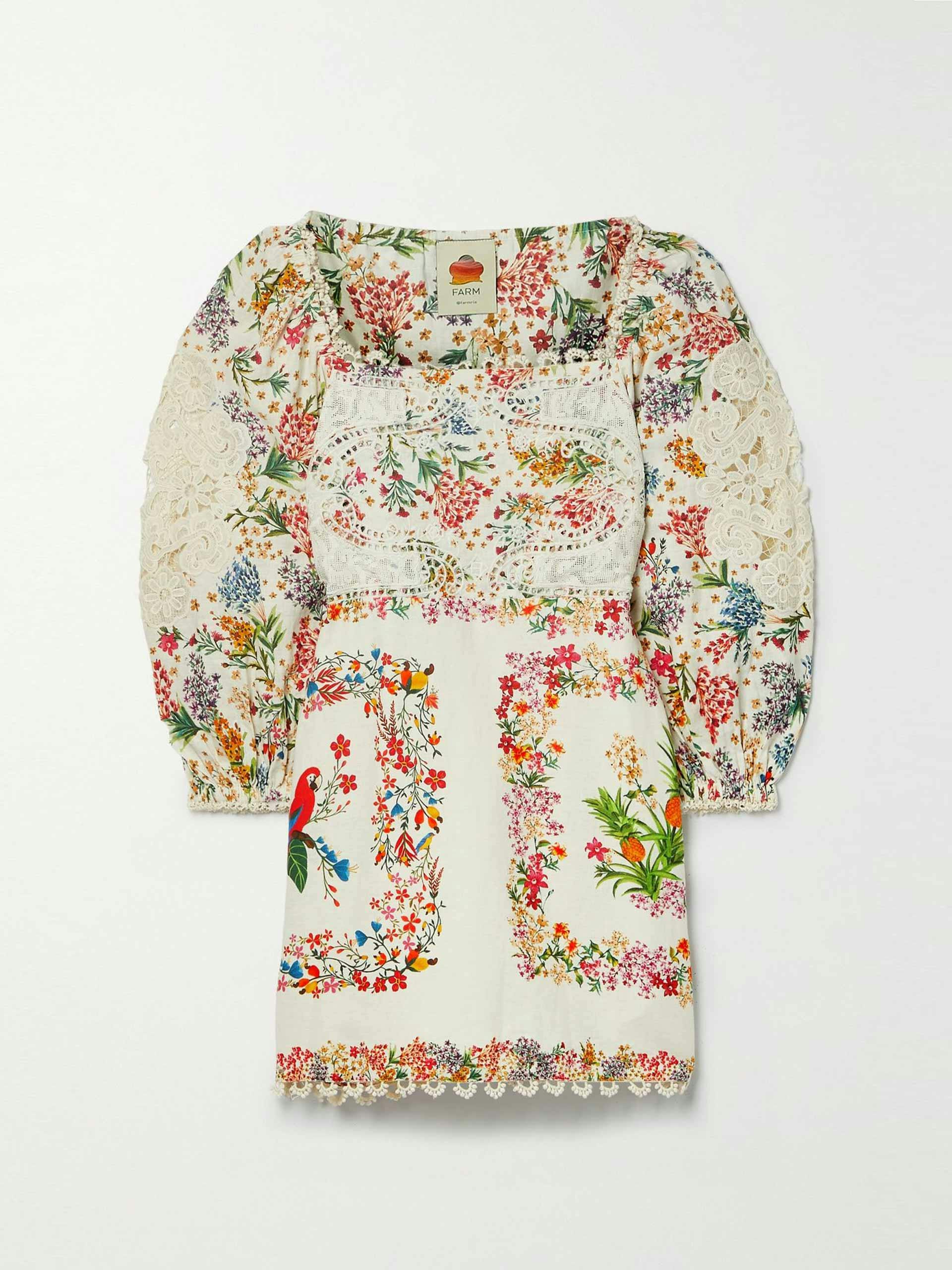 Lace trimmed floral mini dress