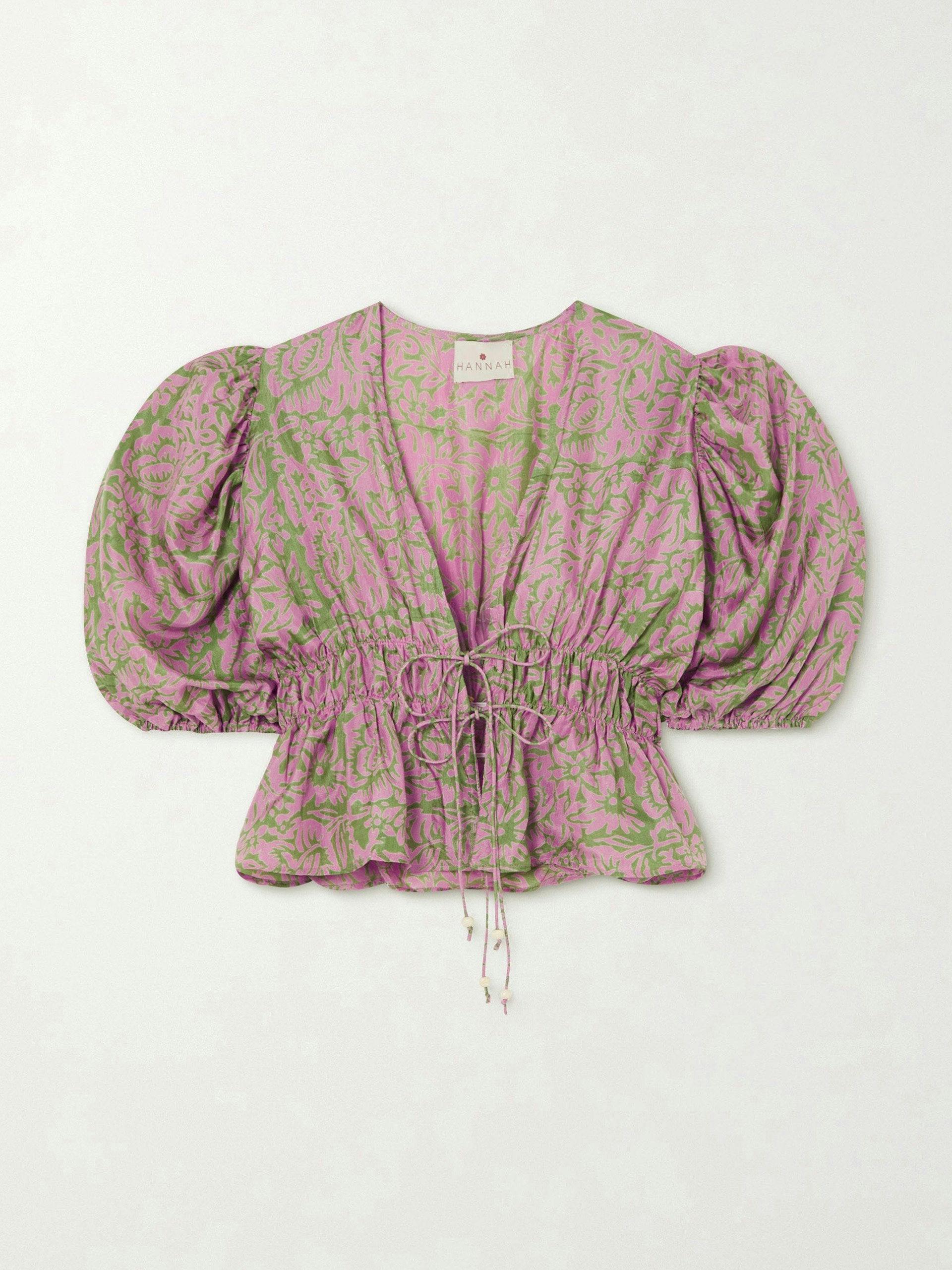 Gathered floral-print silk blouse