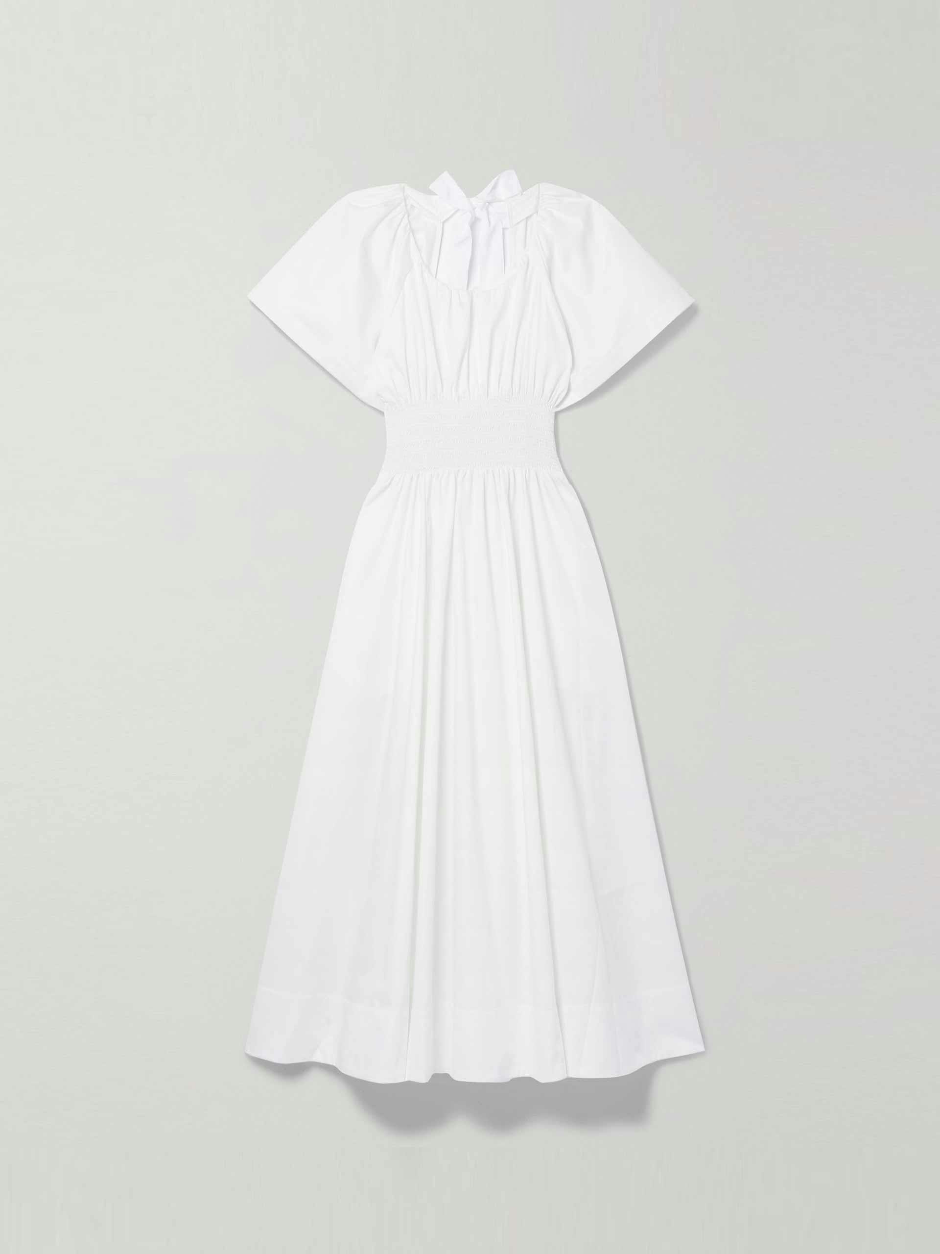White smocked open back maxi dress